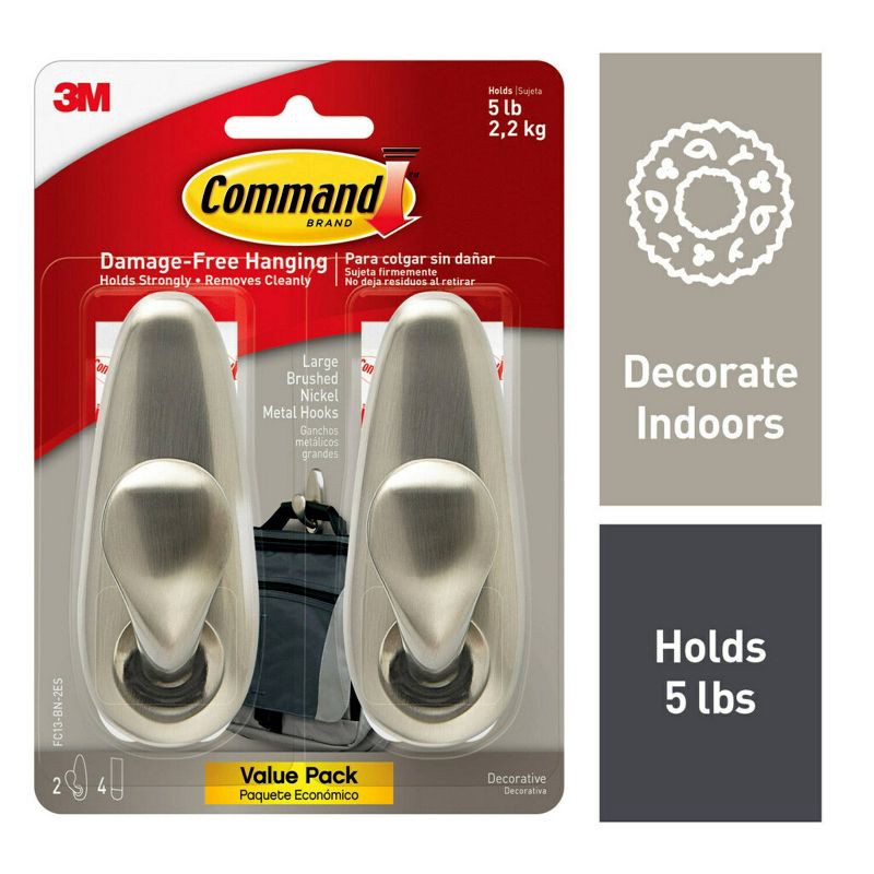 slide 2 of 16, Command Large Forever Classic Hooks Brushed Nickel: Metal Decorative Hooks, 5 lb Capacity, 2 Pack, Silver Finish, 5 lb, 2 ct