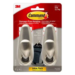 Command Large Forever Classic Hooks Brushed Nickel: Metal Decorative Hooks, 5 lb Capacity, 2 Pack, Silver Finish