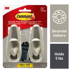 Command Large Forever Classic Hooks Brushed Nickel: Metal Decorative Hooks, 5 lb Capacity, 2 Pack, Silver Finish