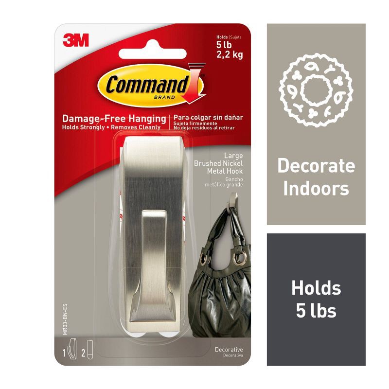 slide 2 of 11, Command 2 Strips Large Sized Modern Reflections Hook Brushed Nickel: Metal Towel Hook, 5 lb Capacity, Silver, 5 lb