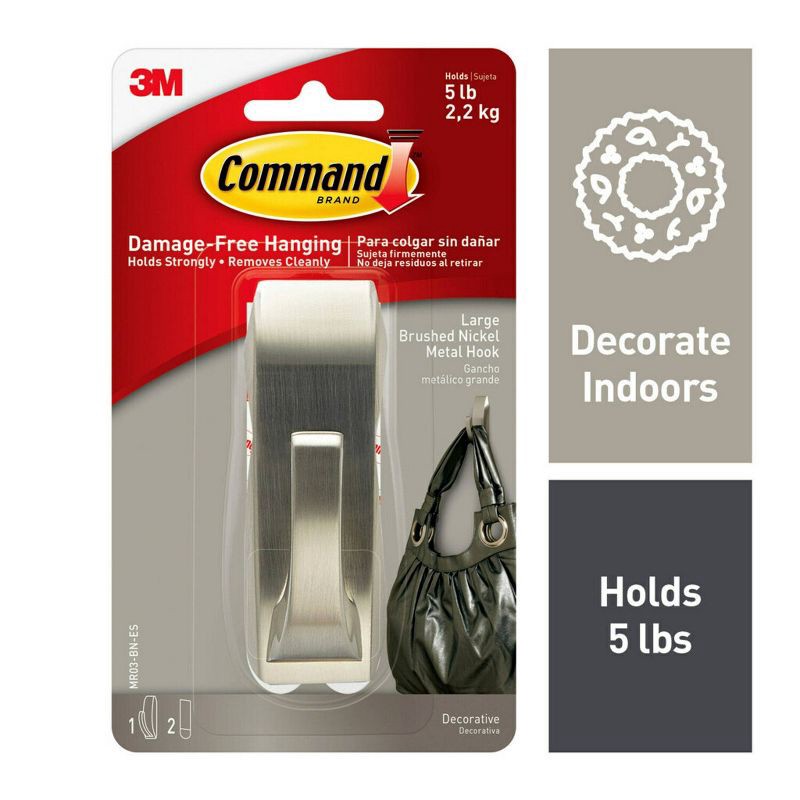 slide 1 of 11, Command 2 Strips Large Sized Modern Reflections Hook Brushed Nickel: Metal Towel Hook, 5 lb Capacity, Silver, 5 lb