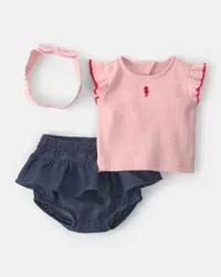 Carters Baby Girl 3-Piece Headband, Top & Chambray Short Set - Pink Pink 24M