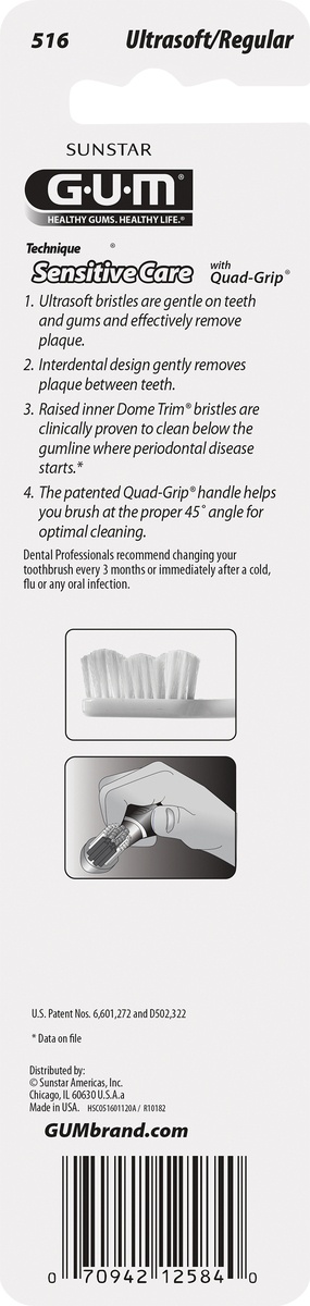 slide 2 of 3, G-U-M  Technique Sensitive Care Toothbrush-Ultra Soft Bristles, with Quad-Grip Handle, 2ct, 2 ct