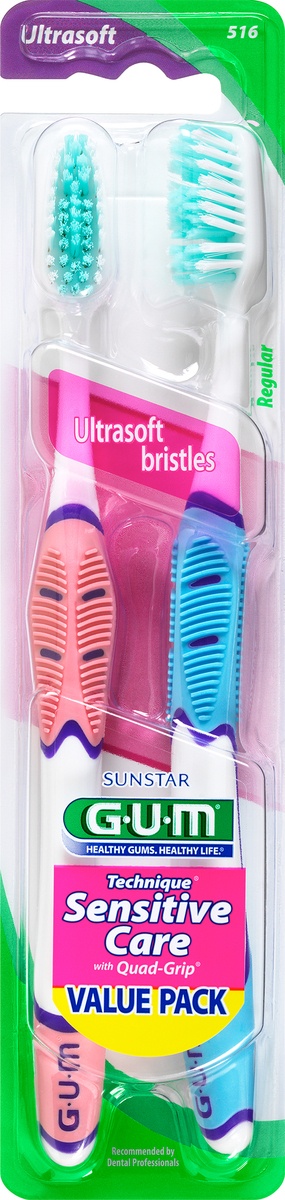 slide 3 of 3, G-U-M  Technique Sensitive Care Toothbrush-Ultra Soft Bristles, with Quad-Grip Handle, 2ct, 2 ct