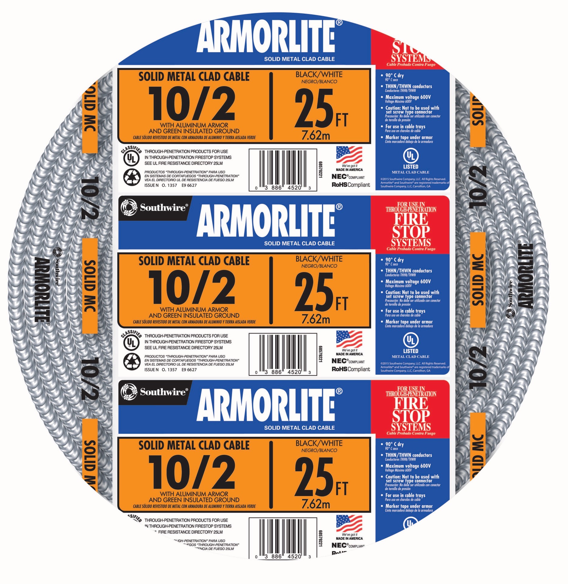 slide 1 of 2, Southwire Armorlite 25-ft 10 / 2 Solid Aluminum MC (Metal Clad) Cable, 1 ct