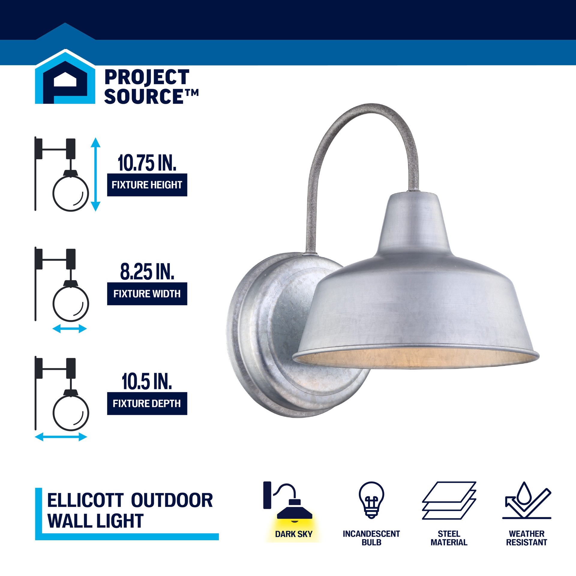 slide 5 of 6, Project Source Ellicott 1 -Light 10.75-in H Gray Hardwired Dark Sky Outdoor Wall Light, 1 ct