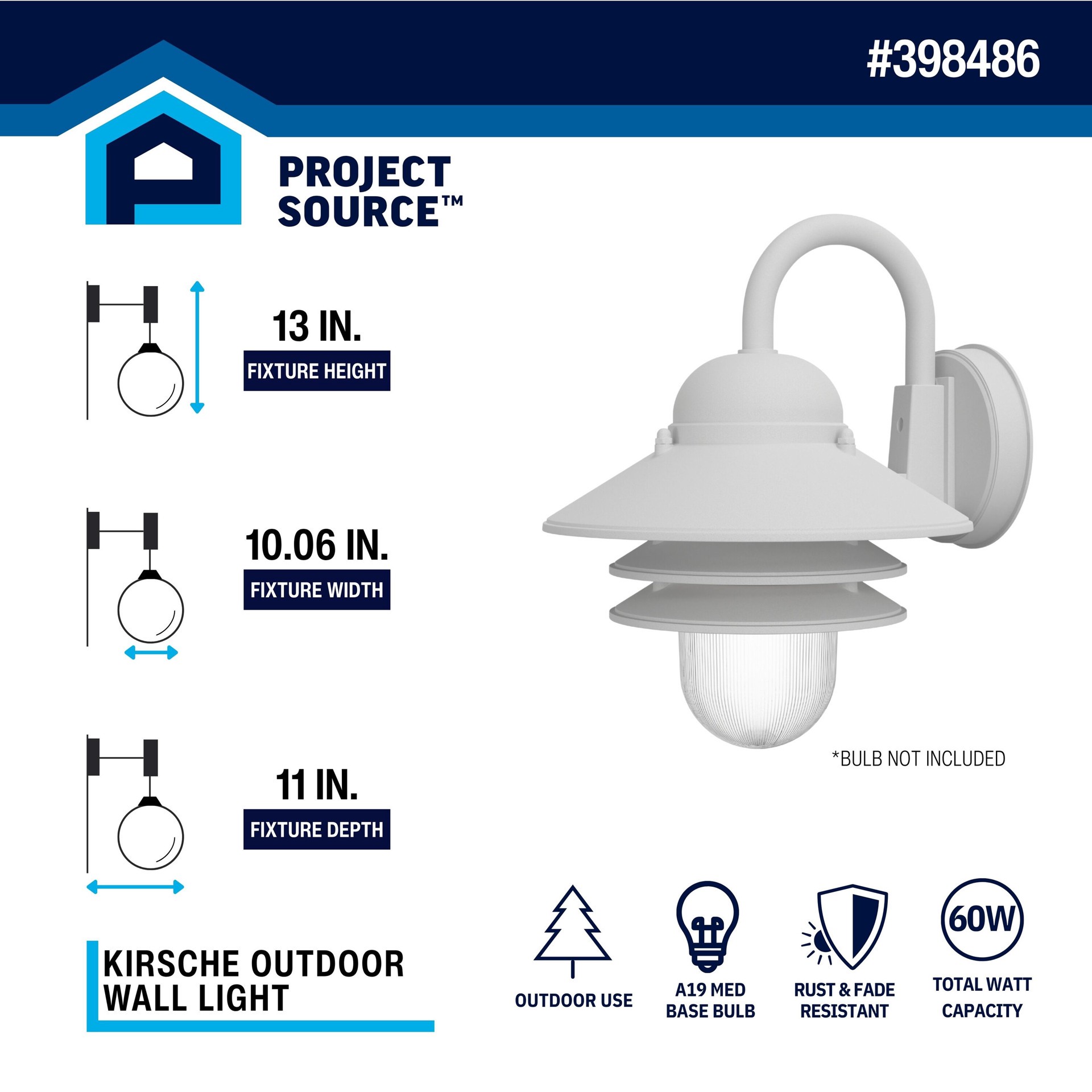 slide 3 of 6, Project Source Kirsche 1 -Light 12.9-in H White Hardwired Outdoor Wall Light, 1 ct