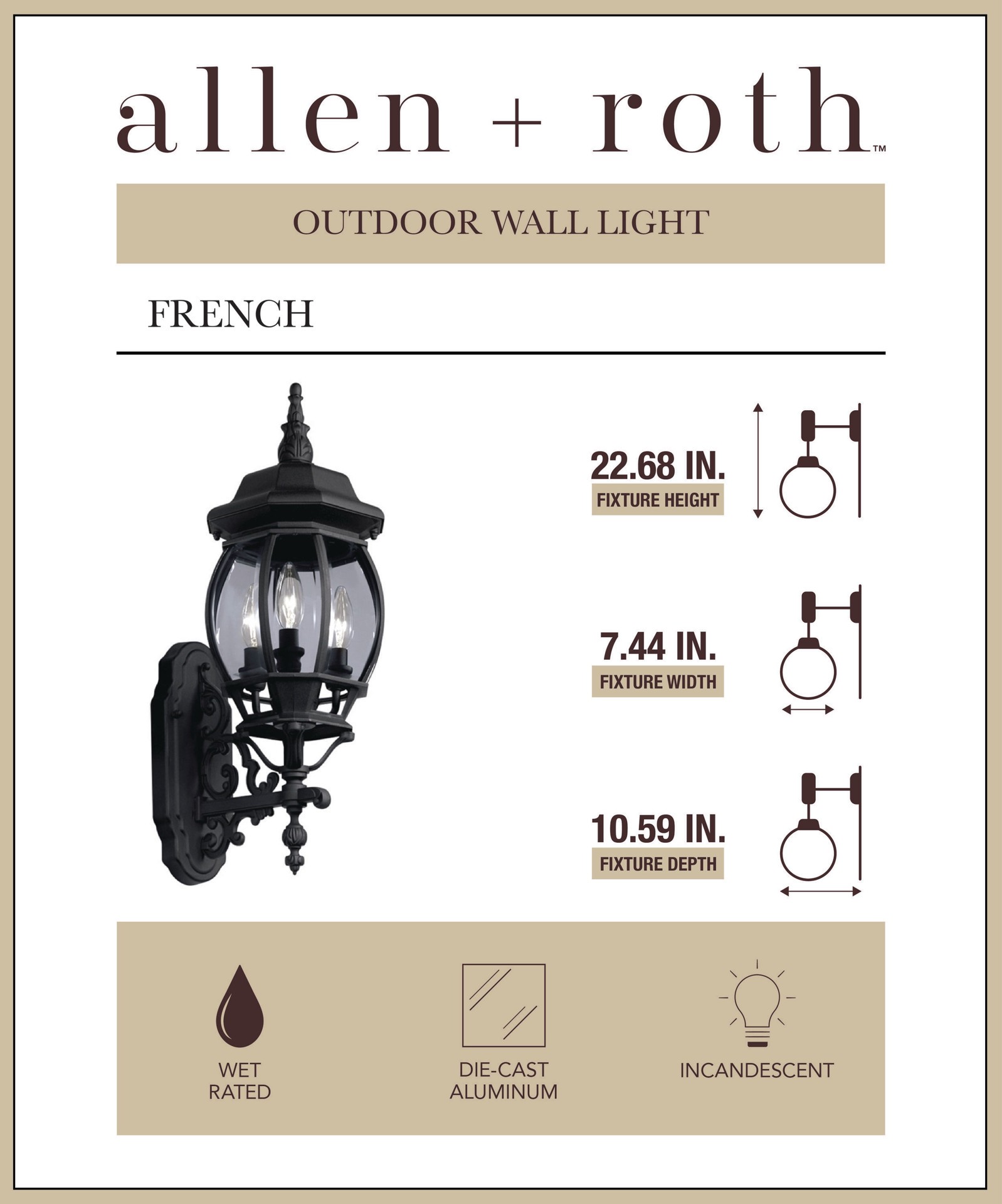 slide 5 of 6, allen + roth French 3 -Light 22.68-in H Black Hardwired Outdoor Wall Light, 1 ct