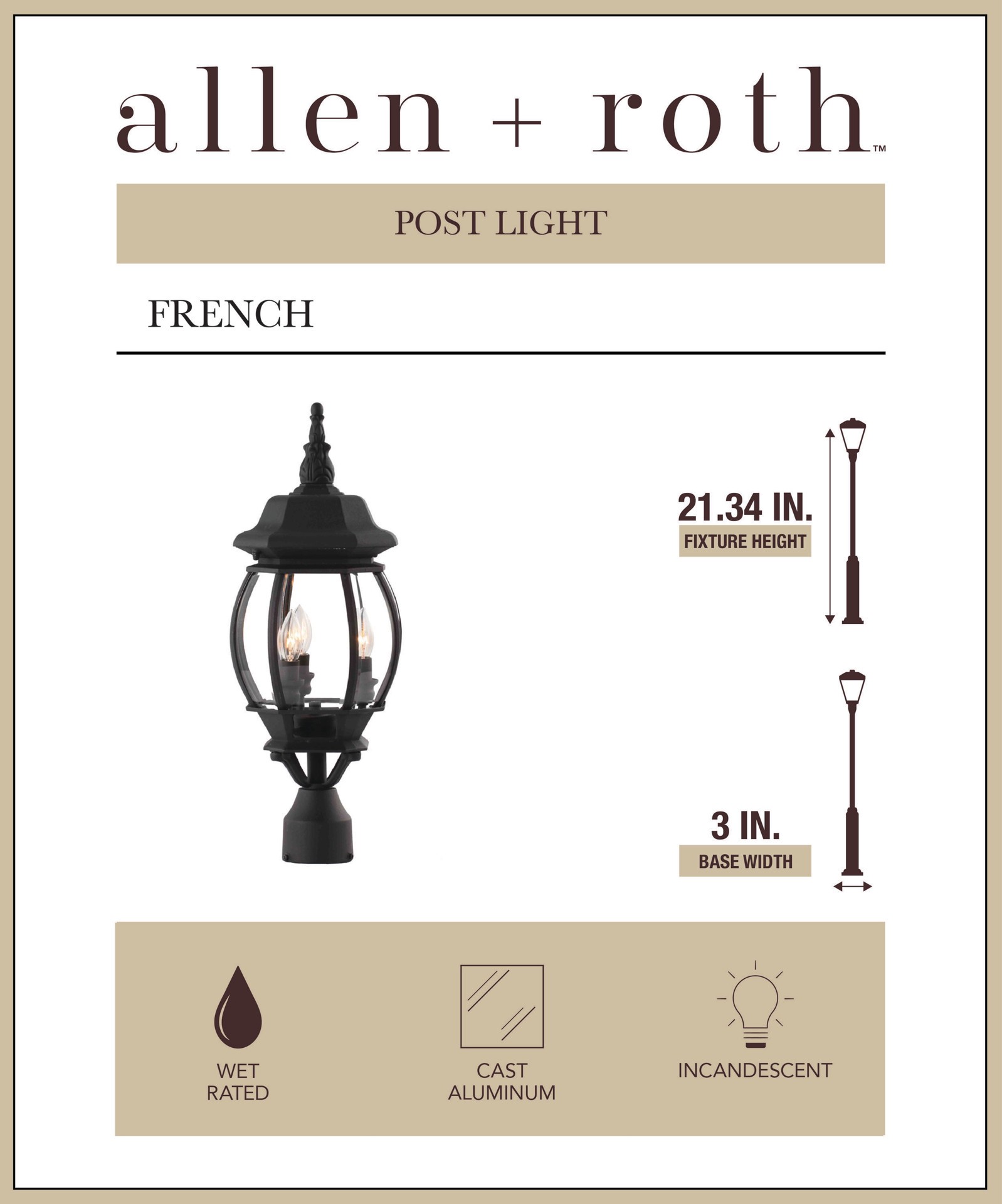 slide 2 of 5, allen + roth French 21.34-in Black Traditional Outdoor Light post lantern, 1 ct