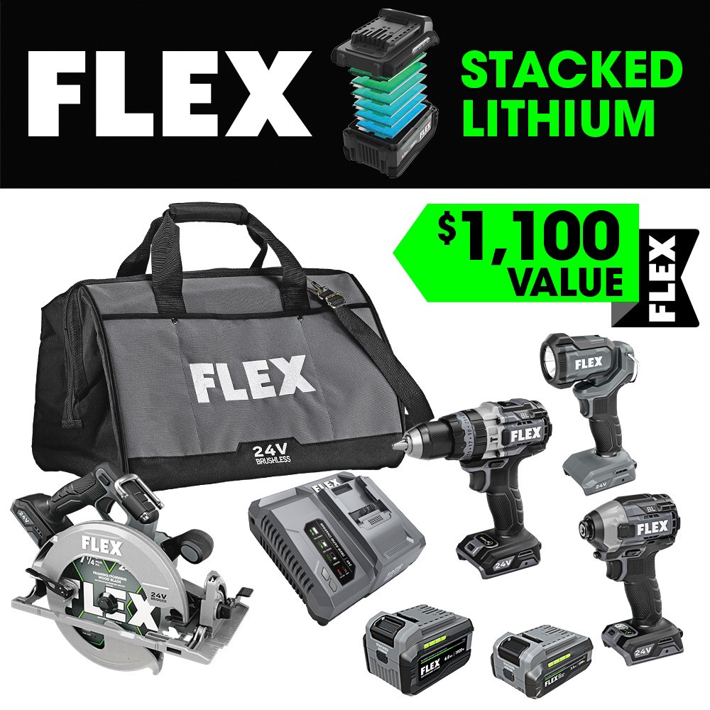 slide 1 of 6, FLEX 24-volt 4-Tool Brushless Power Tool Combo Kit with Soft Case (2-Batteries Included and Charger Included), 1 ct