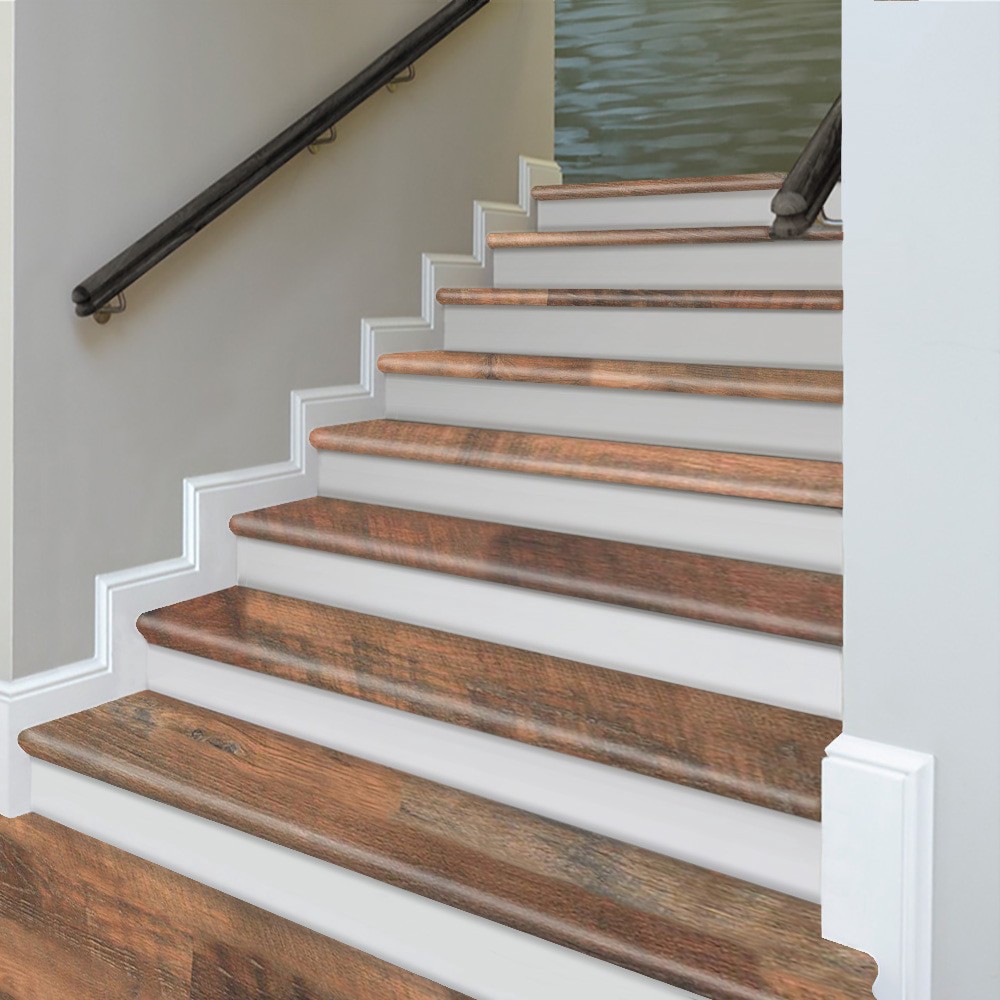 slide 5 of 6, Zamma Cap-A-Tread Stair Renewal System 47-in x 12.13-in x 1.75-in Scraped Brown Oak Laminate No return Bullnose Stair Tread, 1 ct
