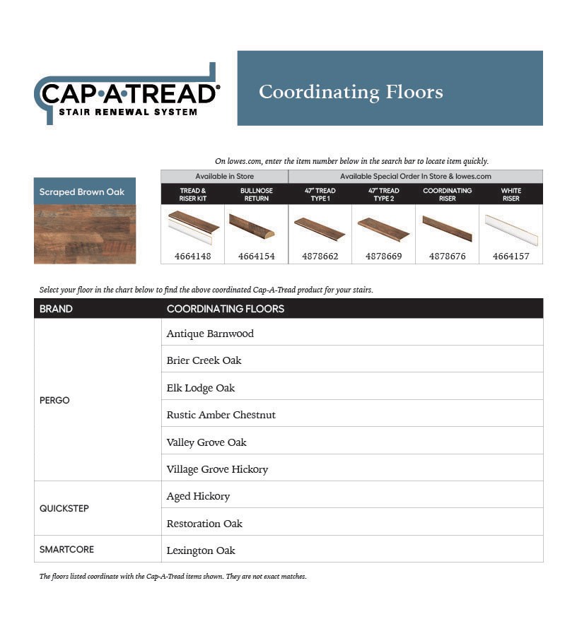 slide 3 of 6, Zamma Cap-A-Tread Stair Renewal System 47-in x 12.13-in x 1.75-in Scraped Brown Oak Laminate No return Bullnose Stair Tread, 1 ct