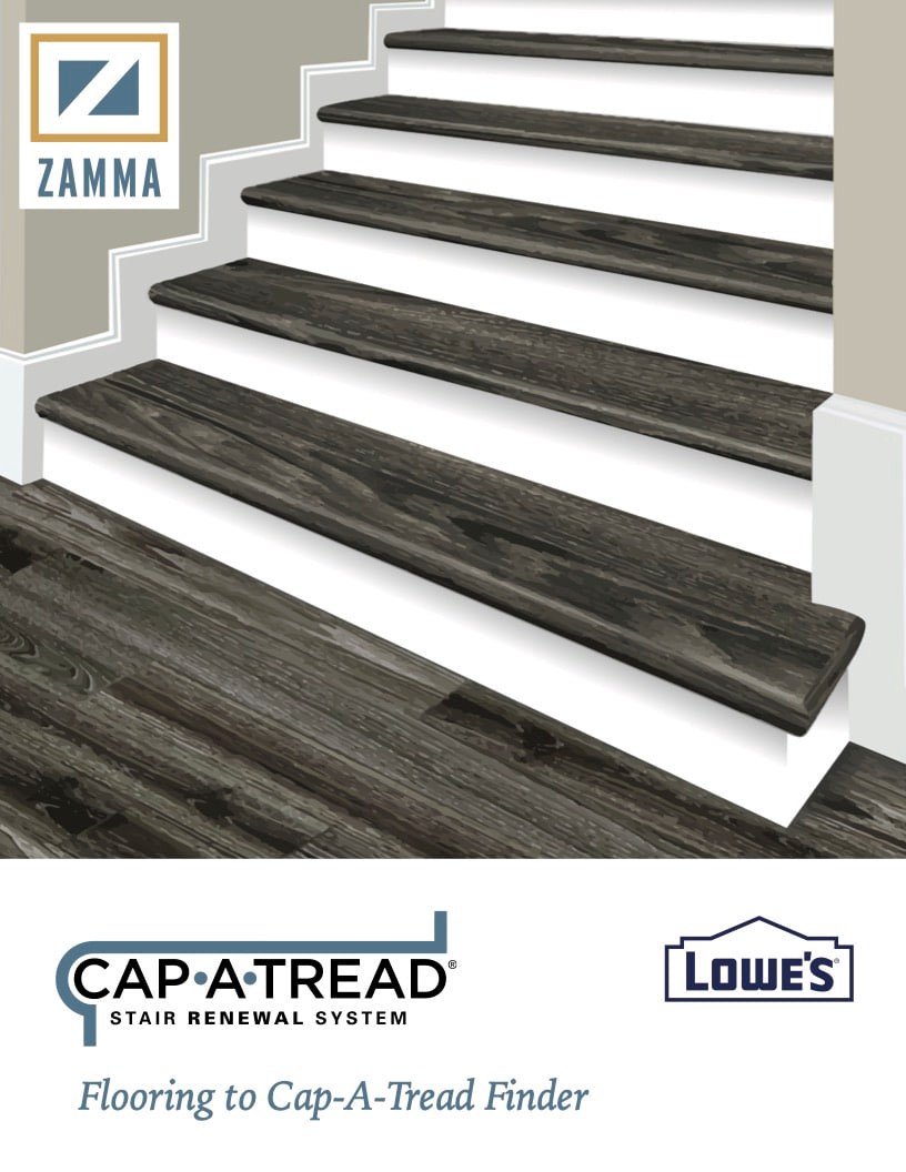 slide 6 of 6, Zamma Cap-A-Tread Stair Renewal System 47-in x 12.13-in x 1.75-in Scraped Brown Oak Laminate No return Bullnose Stair Tread, 1 ct