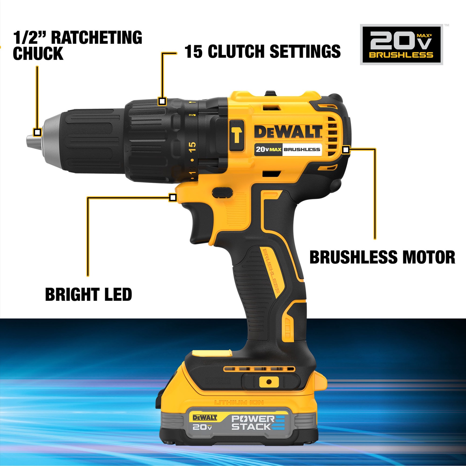 slide 2 of 6, DEWALT POWERSTACK 1/2-in 20-volt max 1.7 -Amp Variable Speed Brushless Cordless Hammer Drill ( 1 -Batteries and Charger Included ), 1 ct