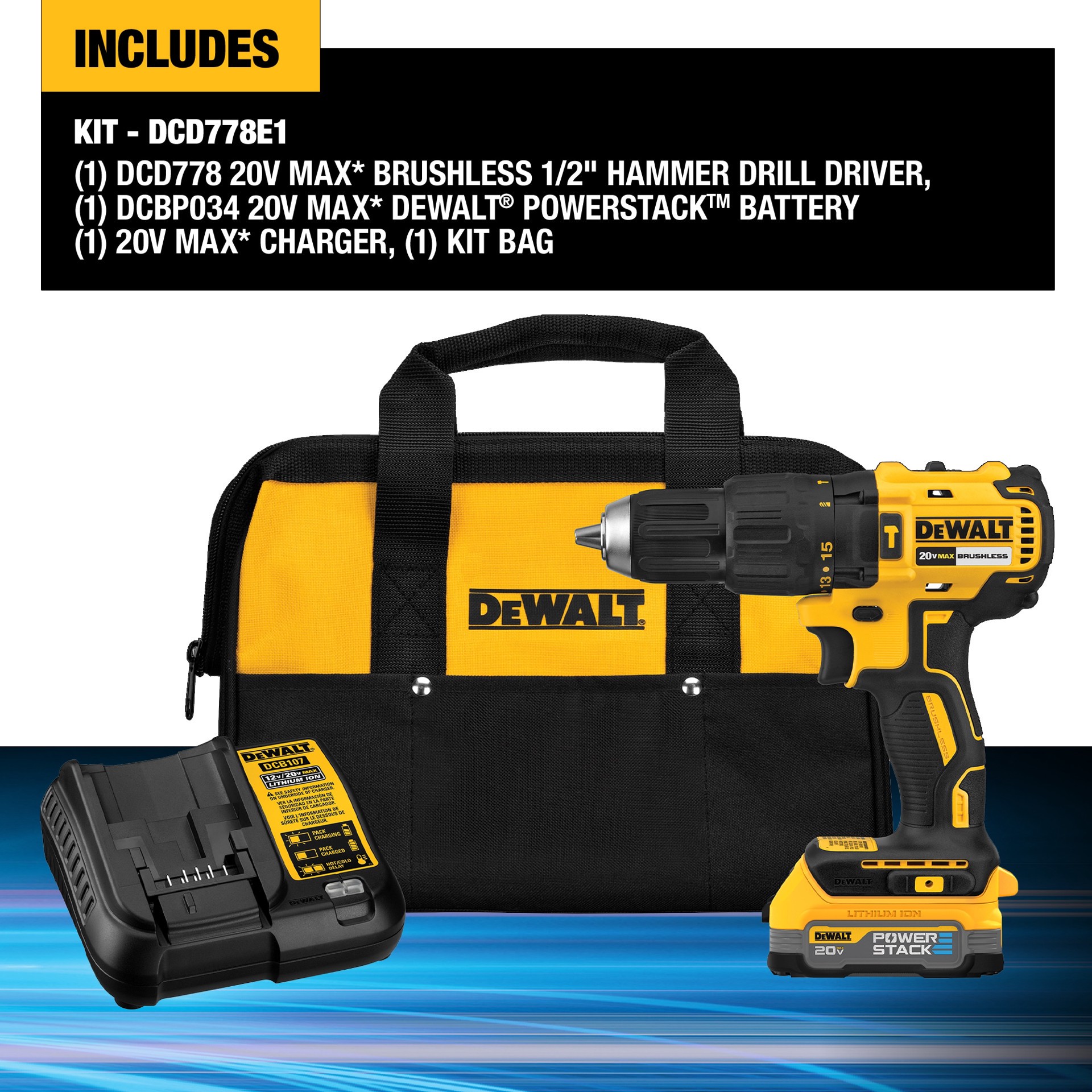 slide 4 of 6, DEWALT POWERSTACK 1/2-in 20-volt max 1.7 -Amp Variable Speed Brushless Cordless Hammer Drill ( 1 -Batteries and Charger Included ), 1 ct