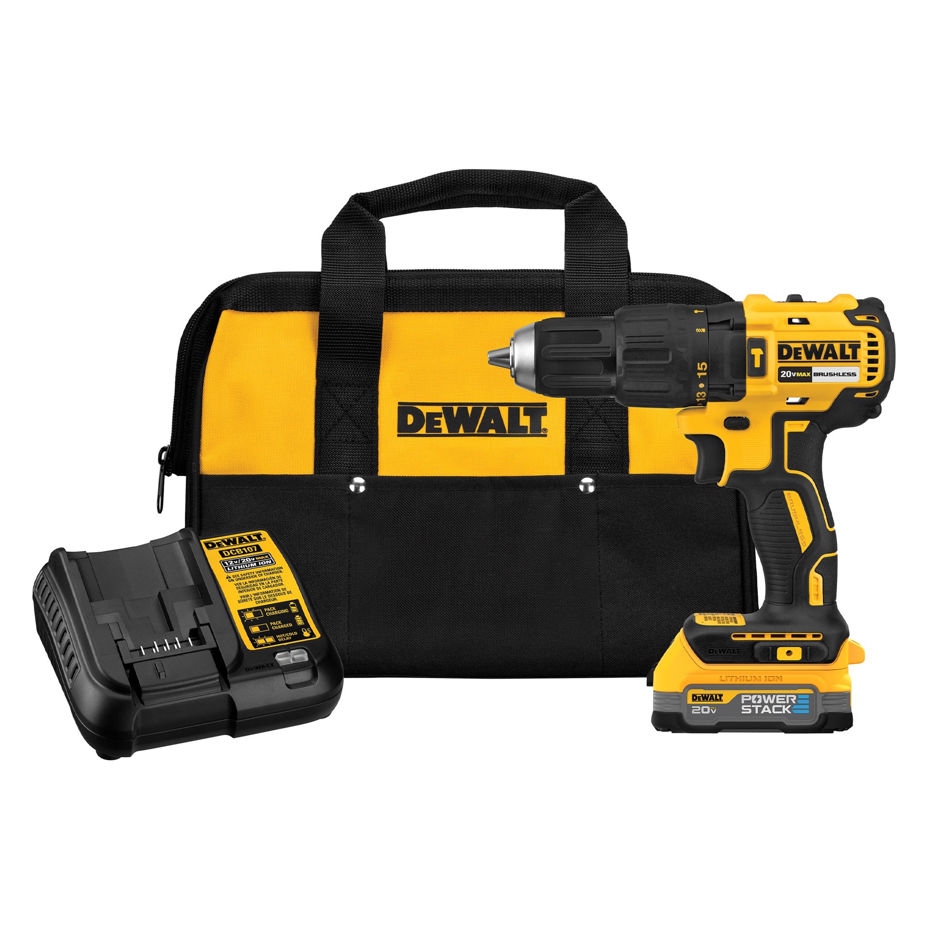 slide 1 of 6, DEWALT POWERSTACK 1/2-in 20-volt max 1.7 -Amp Variable Speed Brushless Cordless Hammer Drill ( 1 -Batteries and Charger Included ), 1 ct