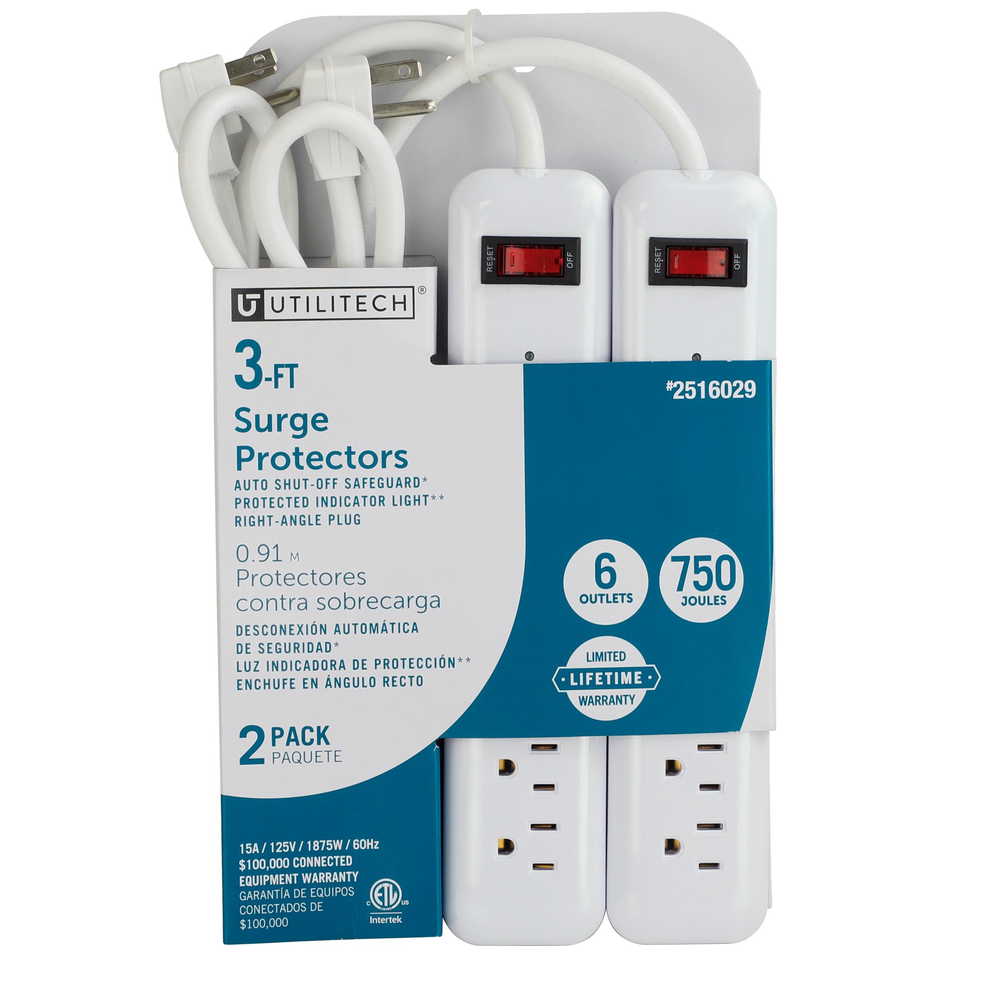 slide 1 of 4, Utilitech 3-ft Project Source 6 -Outlet 750 Joules 1875 -Watts White Indoor Various receptacles Surge Protector 2 -Pack ), 1 ct