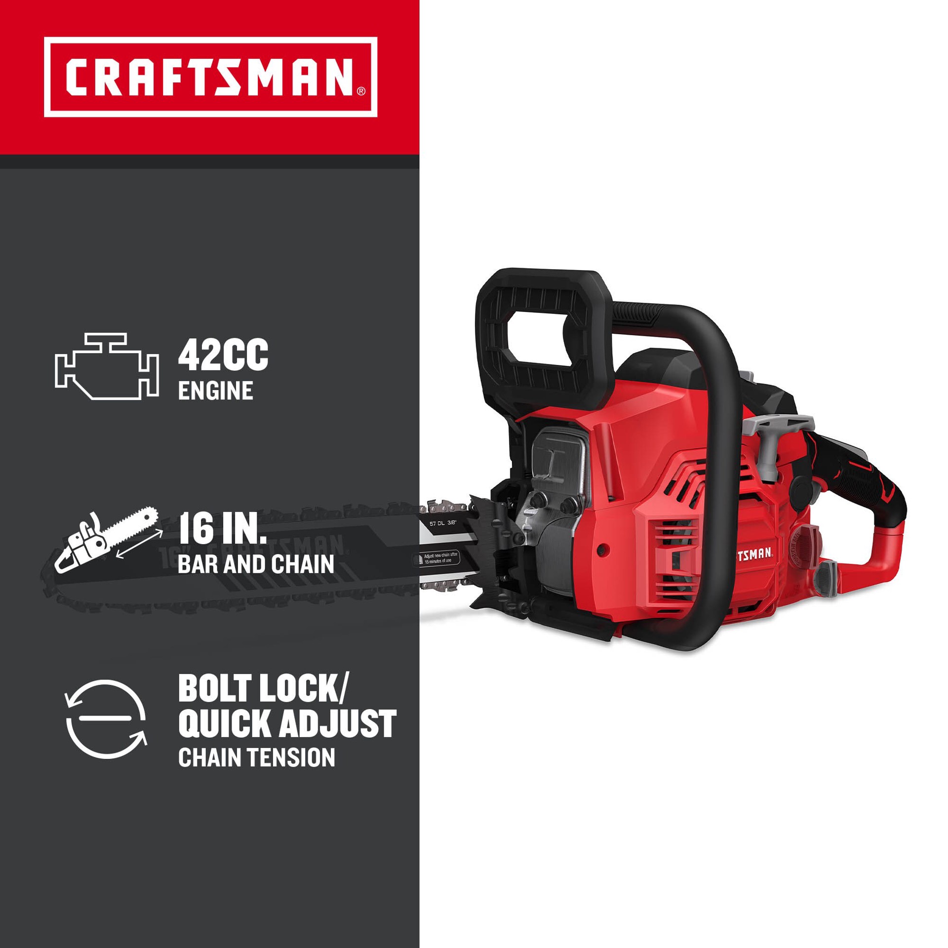 slide 2 of 6, CRAFTSMAN S1600 42-cc 2-cycle 16-in Gas Chainsaw, 1 ct