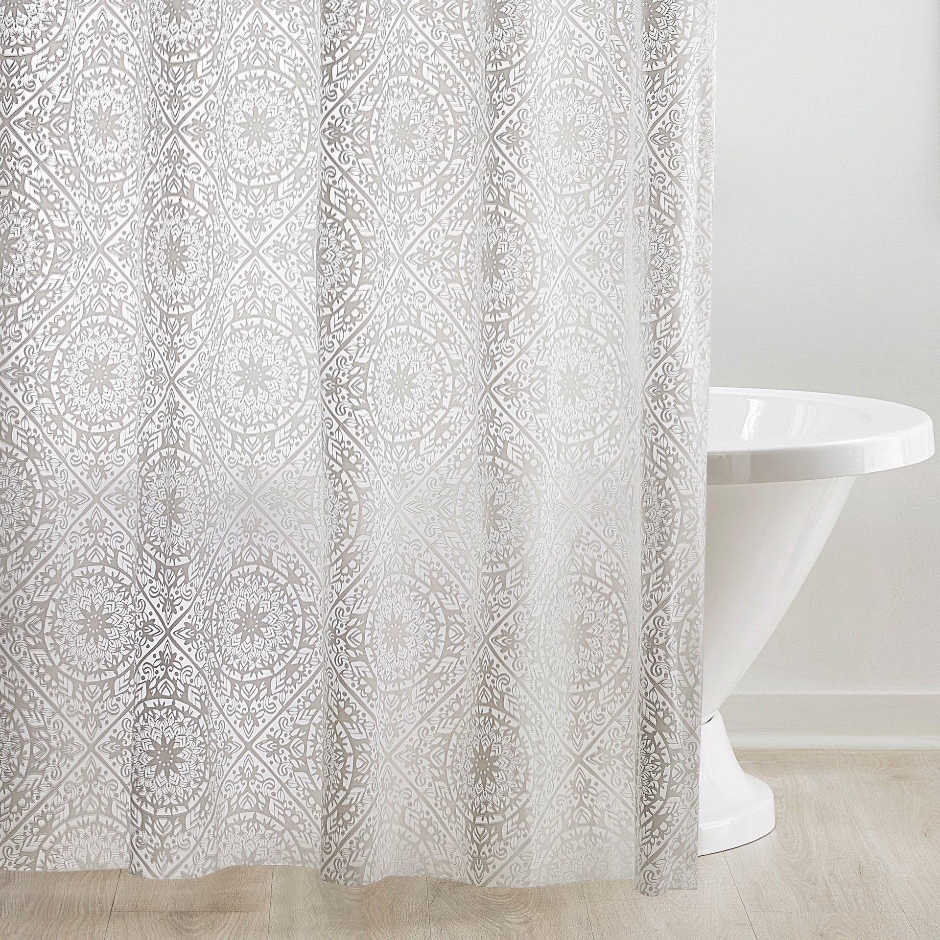 slide 2 of 4, Style Selections 72.0-in W x 72-in L White and Gray Medallion Mildew Resistant EVA/PEVA Shower curtain, 1 ct