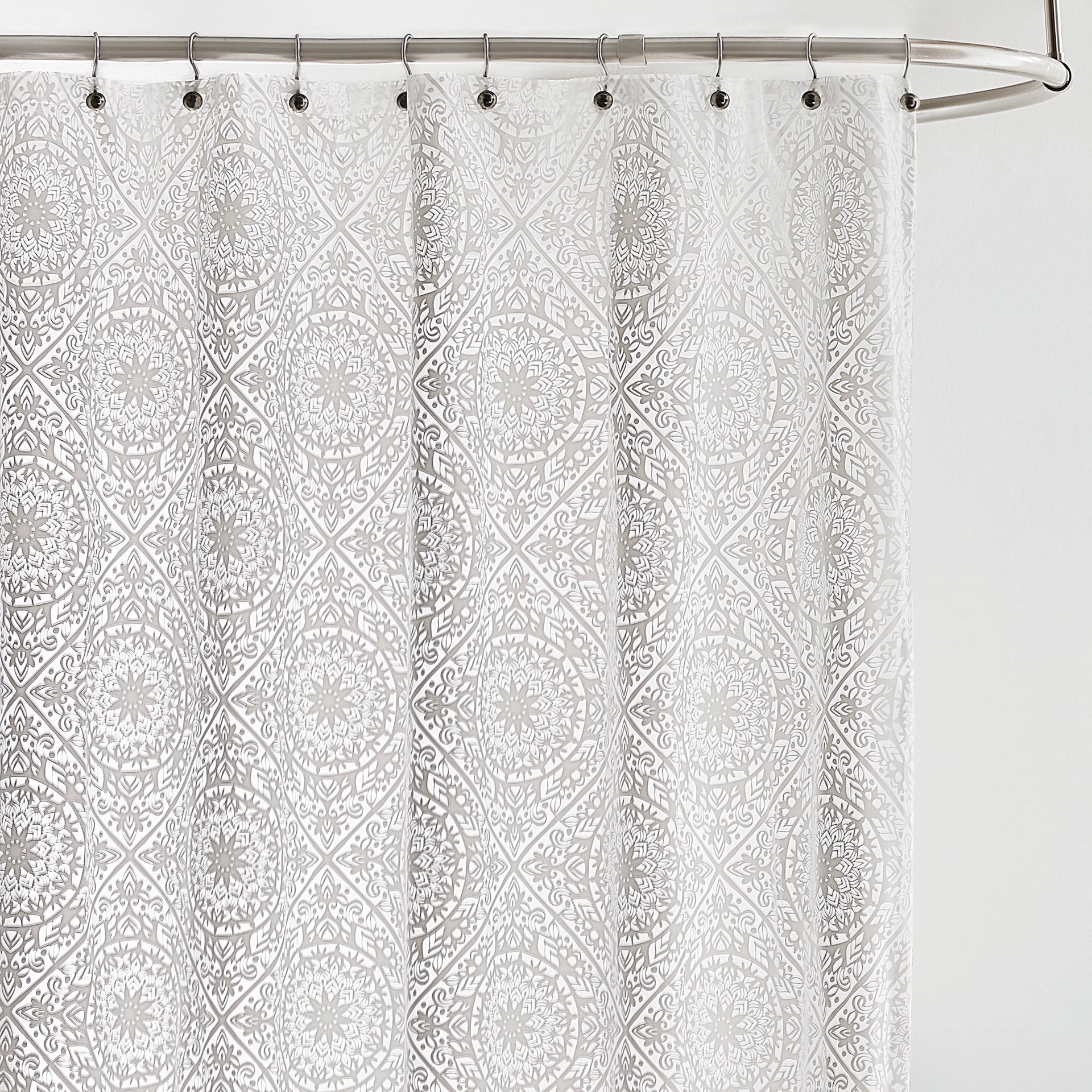 slide 3 of 4, Style Selections 72.0-in W x 72-in L White and Gray Medallion Mildew Resistant EVA/PEVA Shower curtain, 1 ct