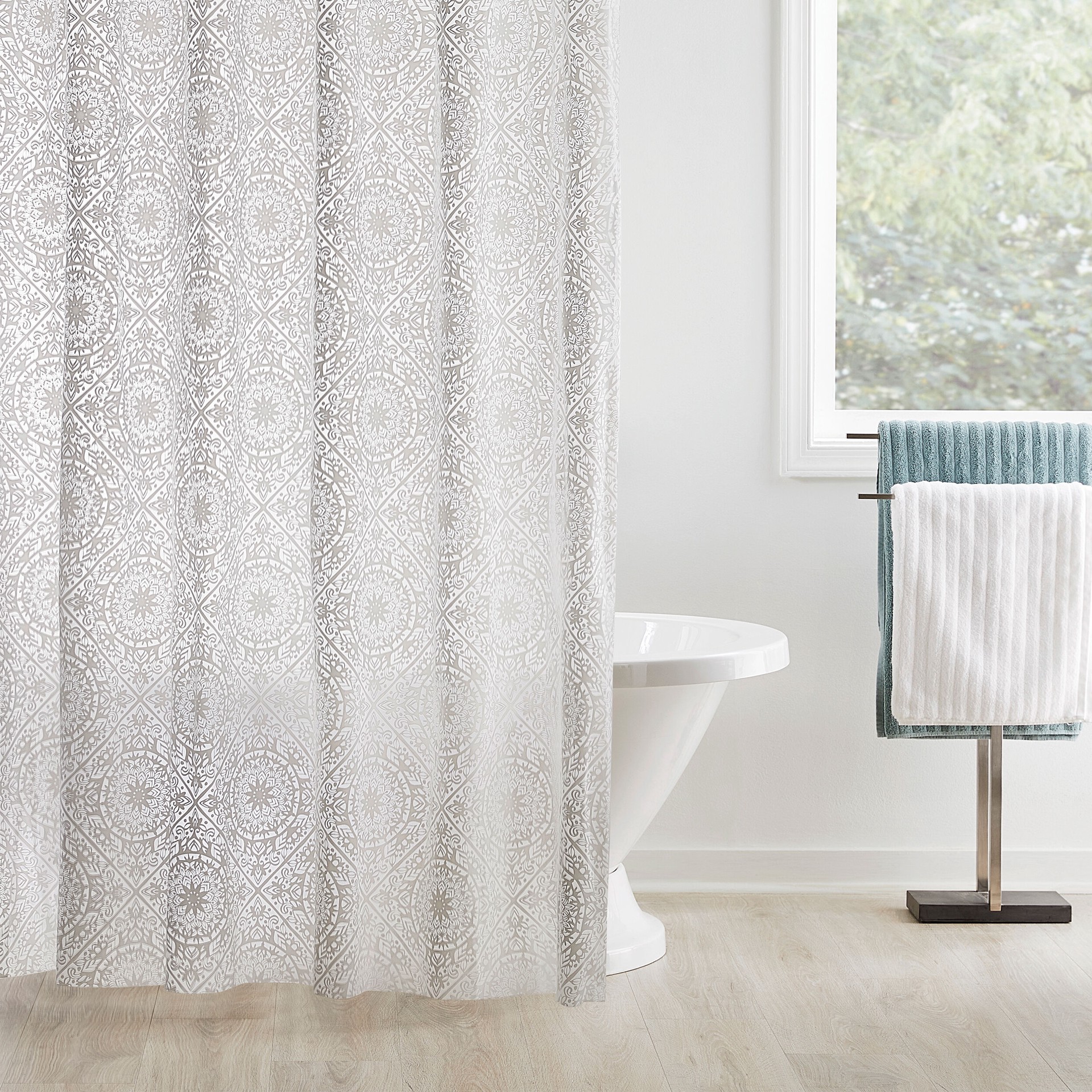 slide 1 of 4, Style Selections 72.0-in W x 72-in L White and Gray Medallion Mildew Resistant EVA/PEVA Shower curtain, 1 ct