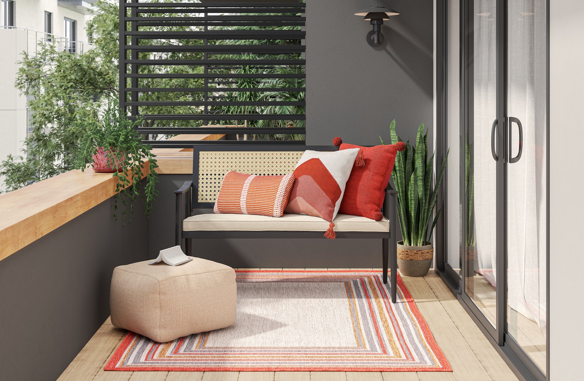 slide 3 of 6, allen + roth with STAINMASTER Red Burst 5 x 7 (ft) Loomed Red Rectangular Outdoor Medallion Pet Friendly Area rug, 1 ct