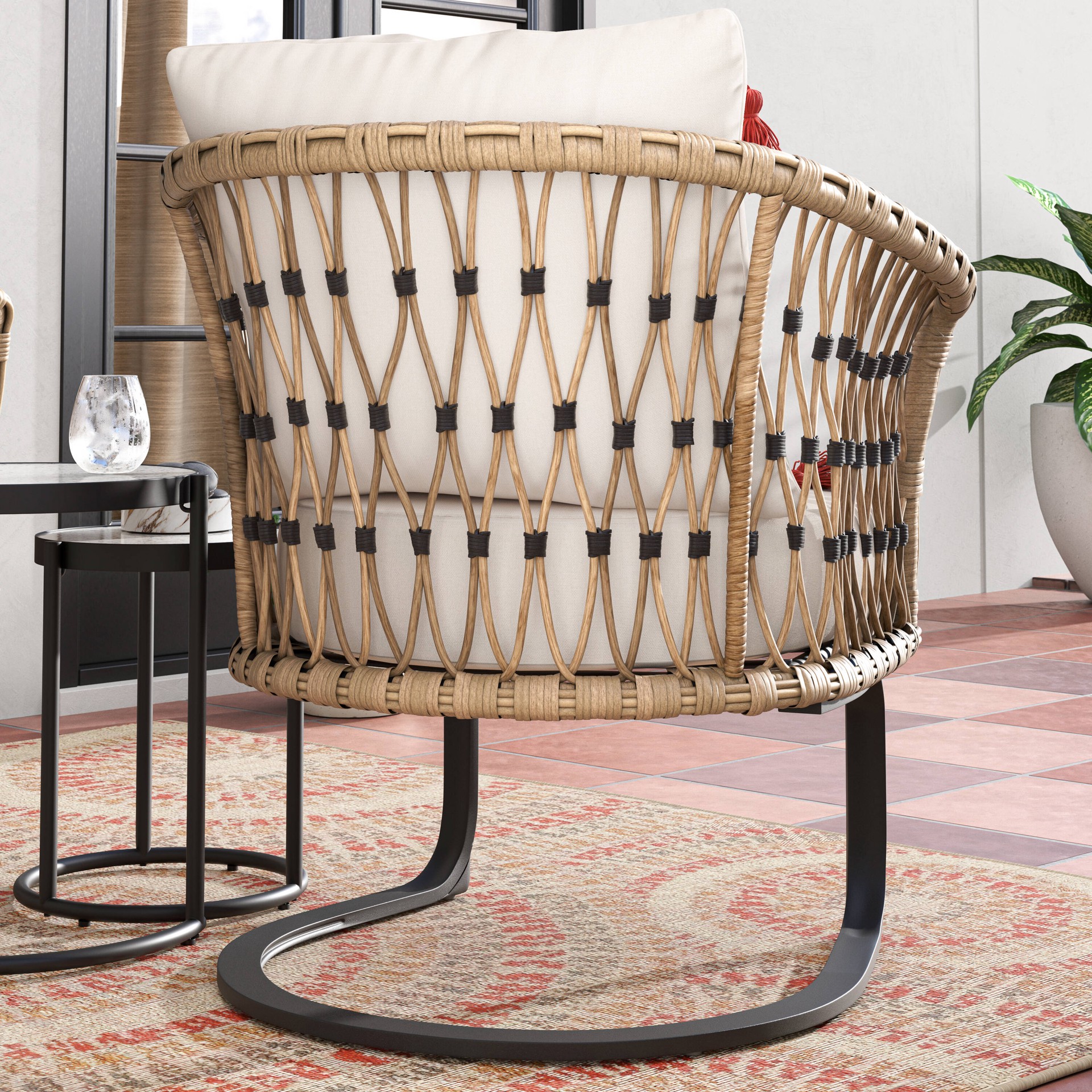 slide 6 of 6, allen + roth with STAINMASTER Red Burst 5 x 7 (ft) Loomed Red Rectangular Outdoor Medallion Pet Friendly Area rug, 1 ct