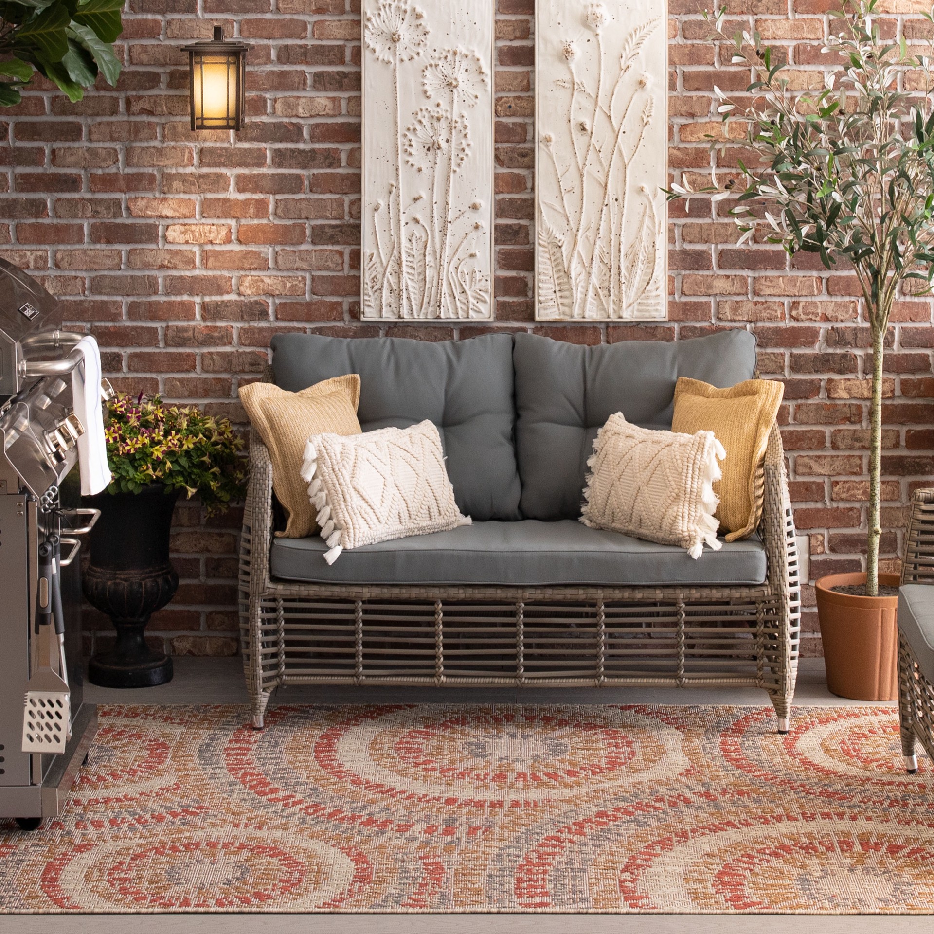 slide 1 of 6, allen + roth with STAINMASTER Red Burst 5 x 7 (ft) Loomed Red Rectangular Outdoor Medallion Pet Friendly Area rug, 1 ct