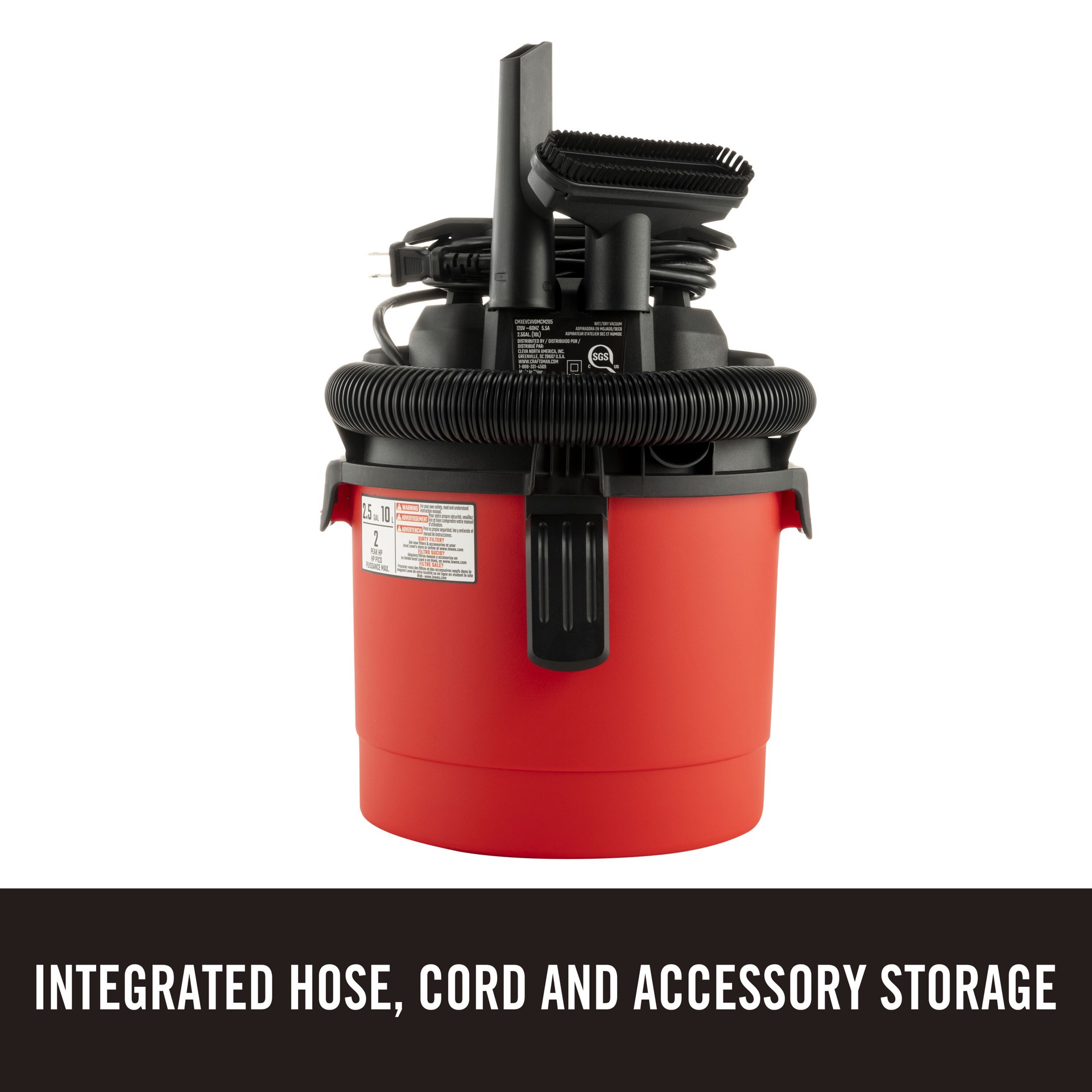 slide 4 of 6, CRAFTSMAN 2.5-Gallon 2 HP Corded Wet/Dry Shop Vacuum with Accessories Included, 1 ct