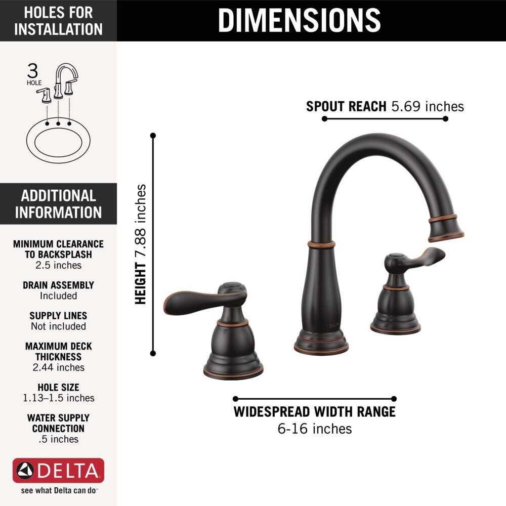 slide 6 of 6, Delta Windemere Oil Rubbed Bronze Widespread 2-handle WaterSense Mid-arc Residential Handle Bathroom Sink Faucet with Drain, 1 ct