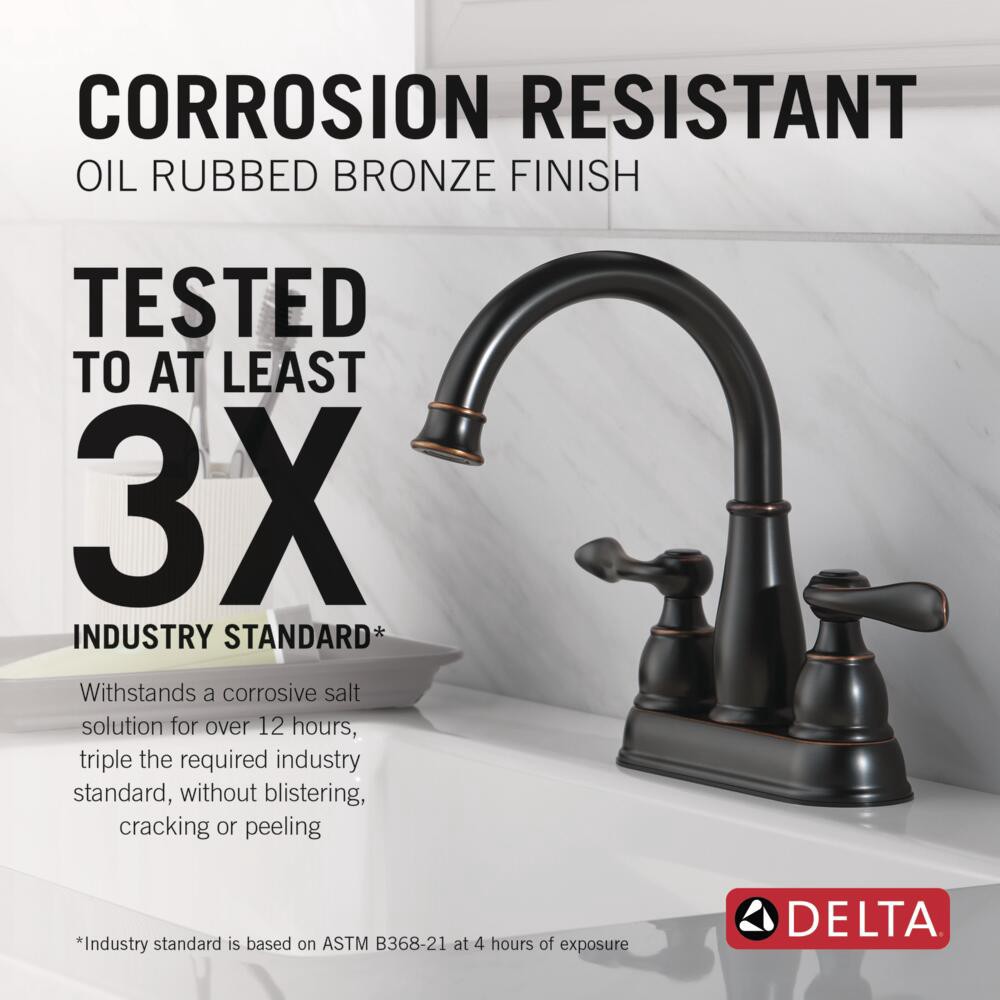 slide 3 of 6, Delta Windemere Oil Rubbed Bronze 4-in centerset 2-handle WaterSense Mid-arc Residential Handle Bathroom Sink Faucet with Drain, 1 ct