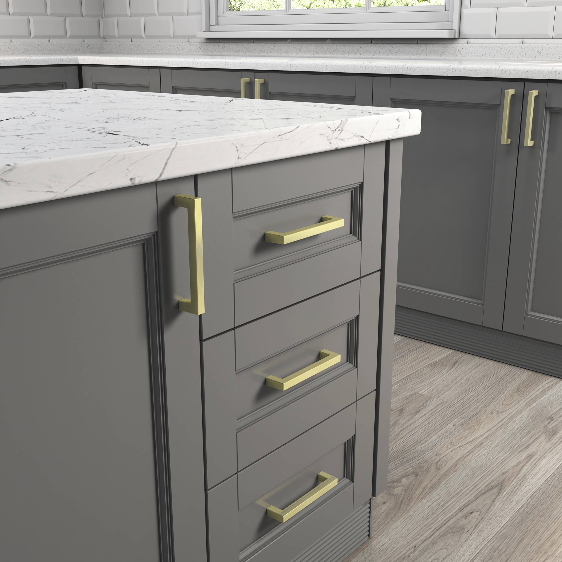 slide 2 of 6, Origin 21 5-1/16-in , 128mm Center to Center Brushed brass Square Handle Drawer Pull 6 -Pack, 1 ct