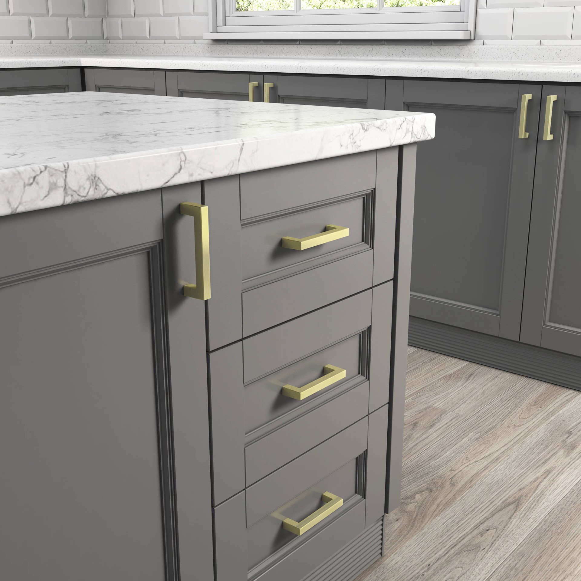 slide 2 of 6, Origin 21 3-3/4-in , 96mm Center to Center Brushed brass Square Handle Drawer Pull 6 -Pack, 1 ct