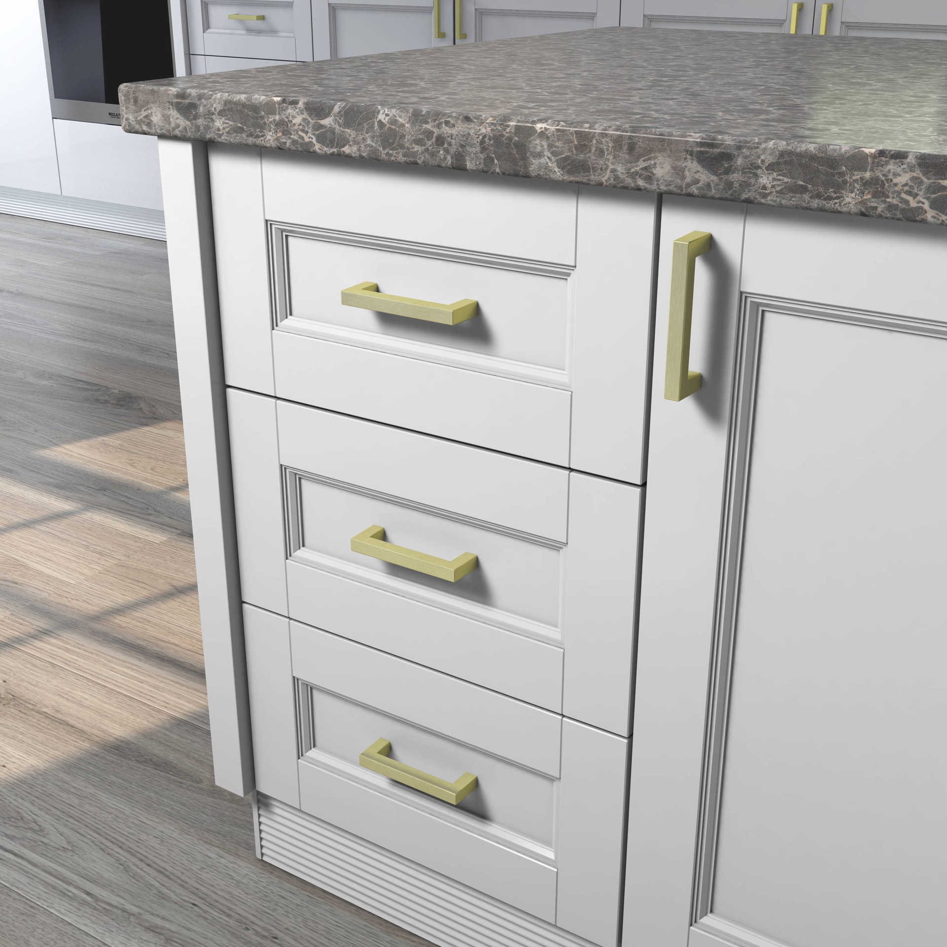 slide 3 of 6, Origin 21 3-3/4-in , 96mm Center to Center Brushed brass Square Handle Drawer Pull 6 -Pack, 1 ct