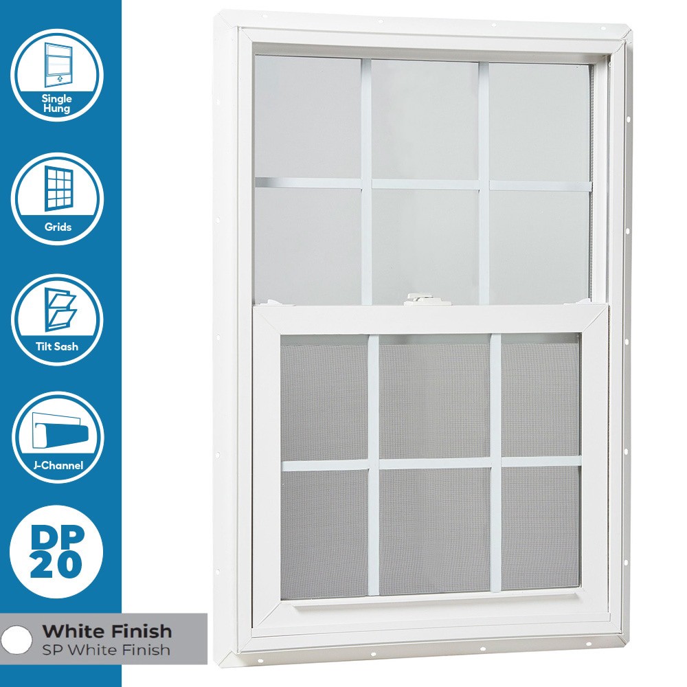 slide 3 of 6, RELIABILT Series 28100 23-1/2-in x 35-1/2-in White Exterior Vinyl New Construction Single Hung Window Low-E argon Double Pane Glass with Grids, (Half Screen Included), 1 ct