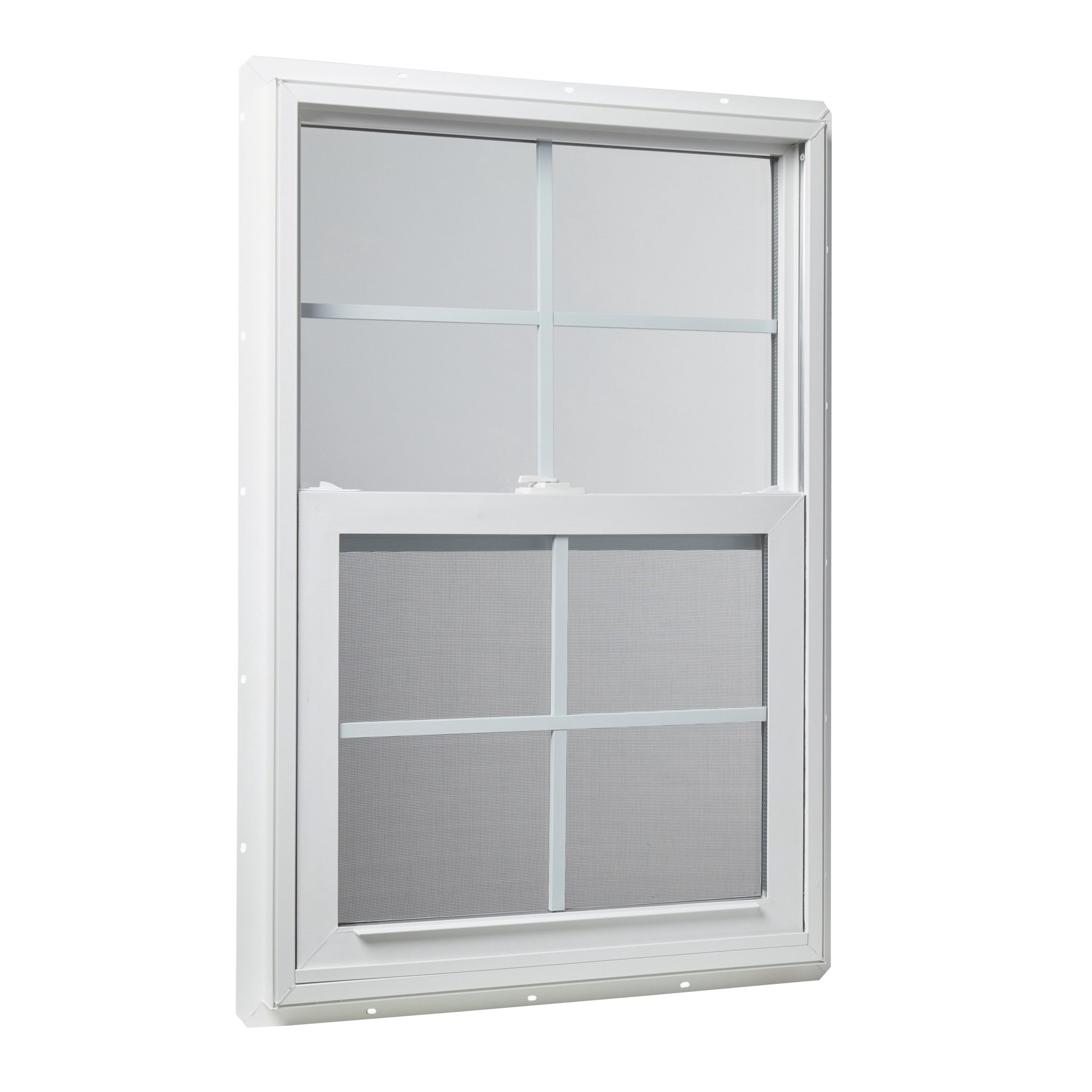 slide 1 of 6, RELIABILT Series 28100 23-1/2-in x 35-1/2-in White Exterior Vinyl New Construction Single Hung Window Low-E argon Double Pane Glass with Grids, (Half Screen Included), 1 ct