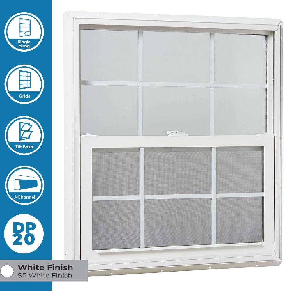 slide 4 of 6, RELIABILT Series 28100 35-1/2-in x 35-1/2-in White Exterior Vinyl New Construction Single Hung Window Low-E argon Double Pane Glass with Grids, (Half Screen Included), 1 ct