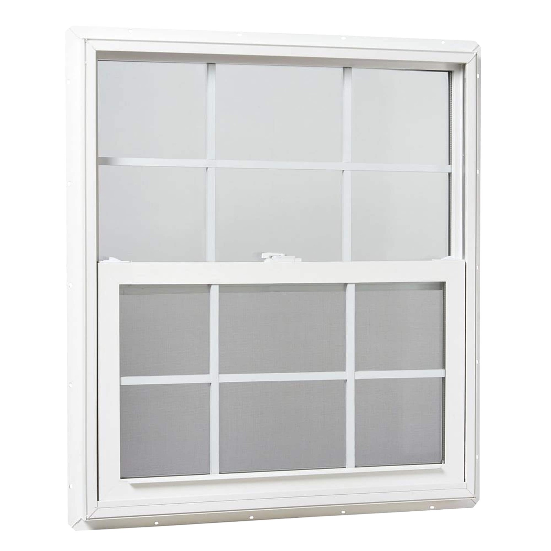 slide 1 of 6, RELIABILT Series 28100 35-1/2-in x 35-1/2-in White Exterior Vinyl New Construction Single Hung Window Low-E argon Double Pane Glass with Grids, (Half Screen Included), 1 ct