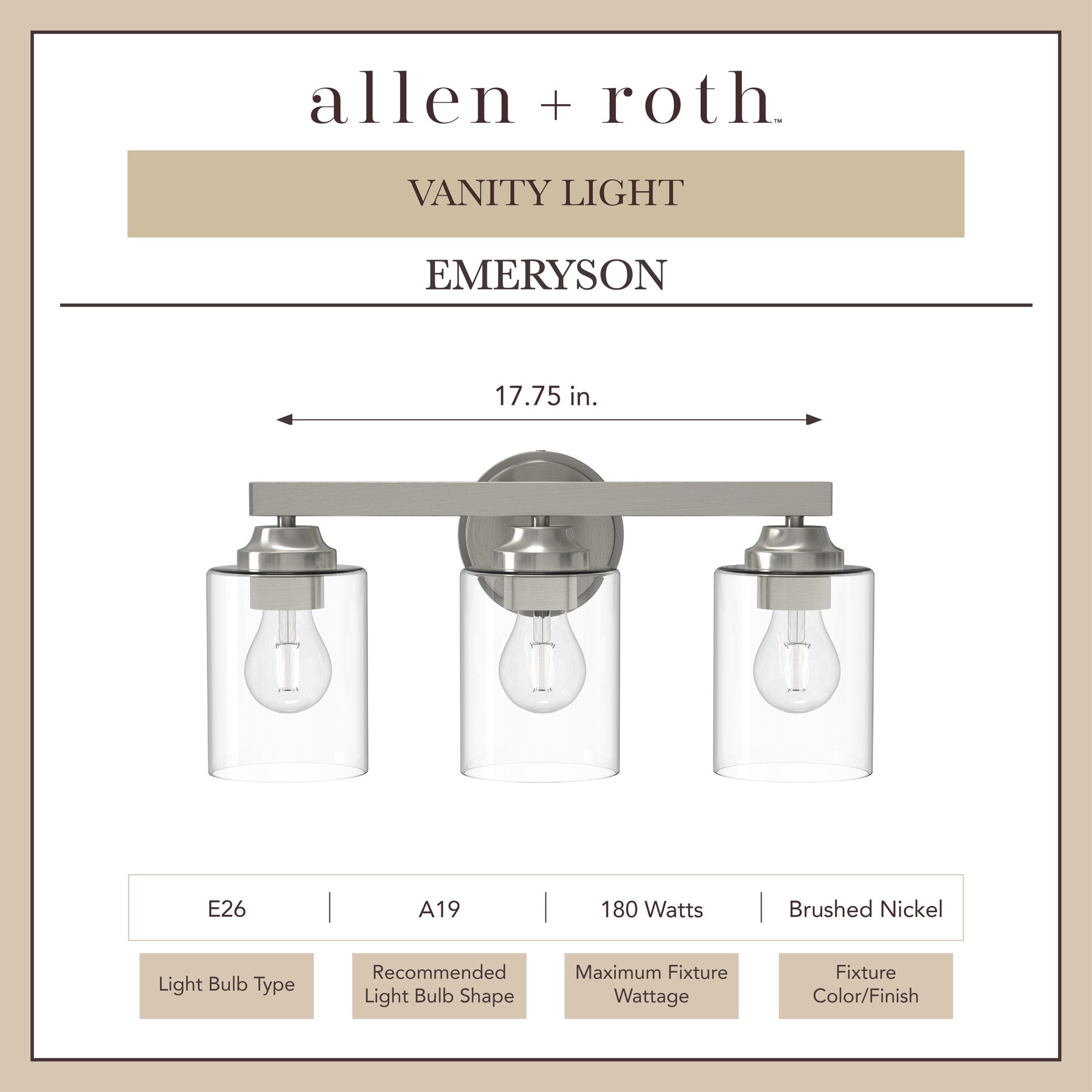 slide 3 of 6, allen + roth Emeryson 17.75-in 3 -Light Brushed Nickel Transitional Vanity light, 1 ct