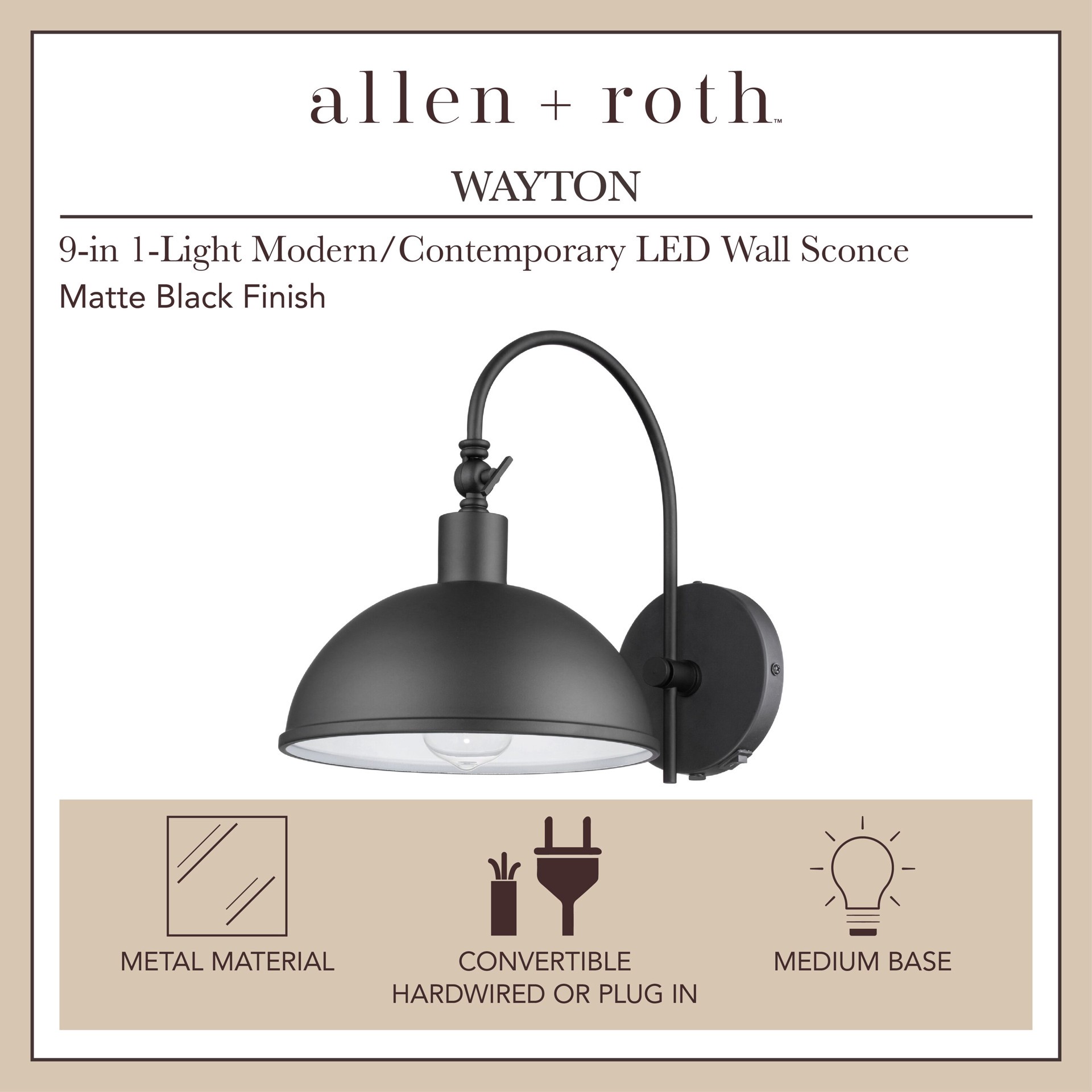 slide 2 of 6, allen + roth Wayton 9-in W 1 -Light Matte Black Wall Sconce, 1 ct