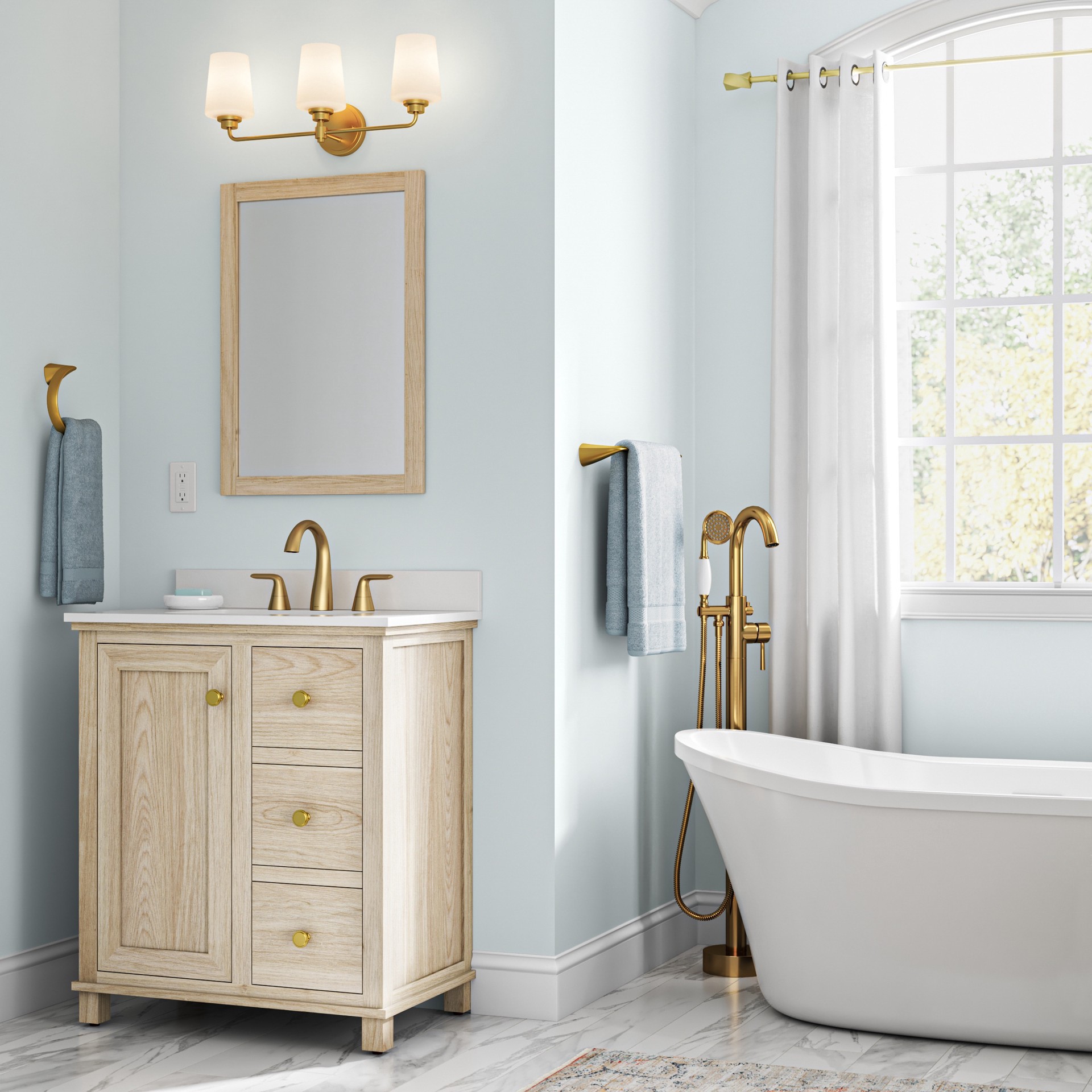 slide 5 of 6, allen + roth Goldson 22.5-in 3 -Light Brushed Gold Transitional Vanity light bar, 1 ct