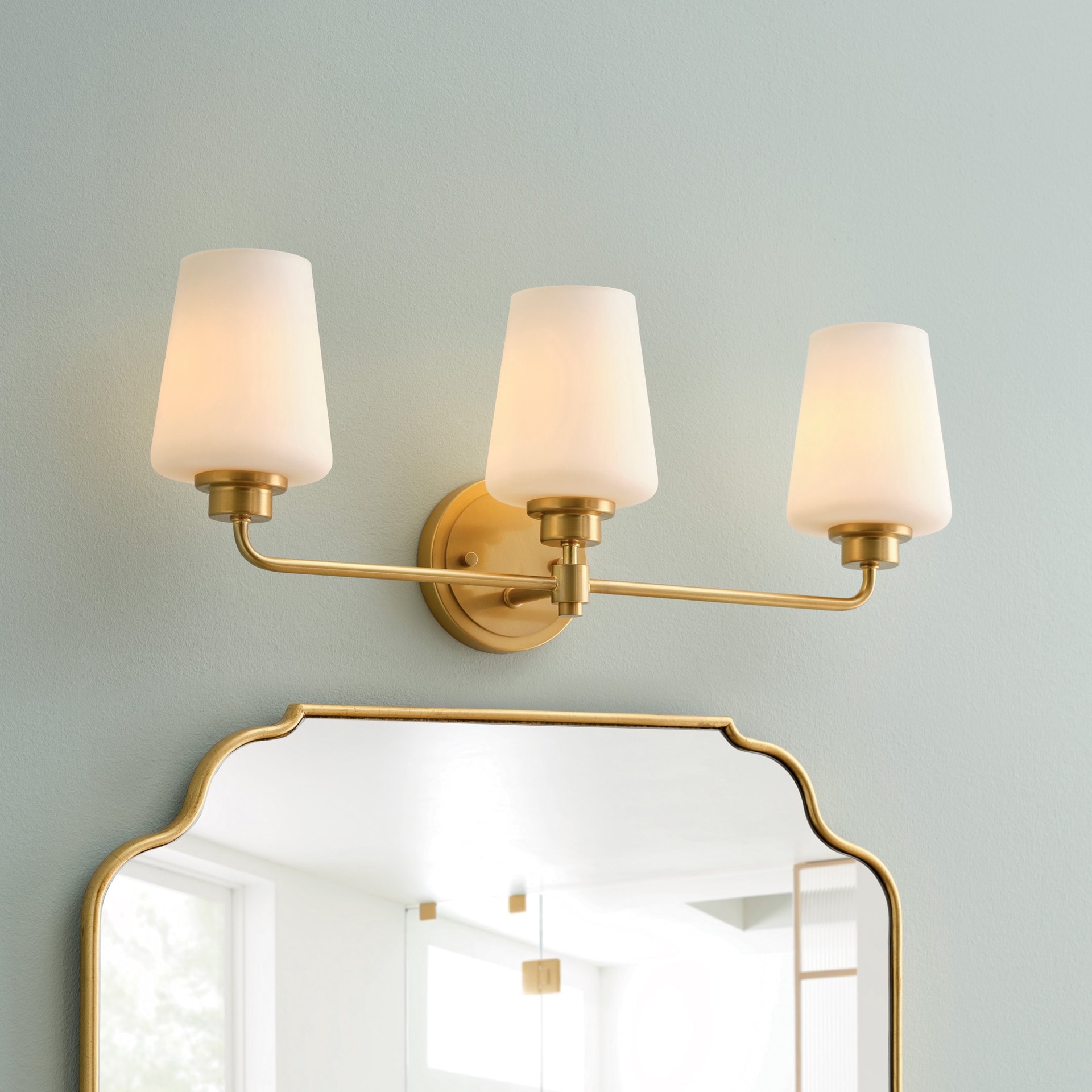 slide 1 of 6, allen + roth Goldson 22.5-in 3 -Light Brushed Gold Transitional Vanity light bar, 1 ct