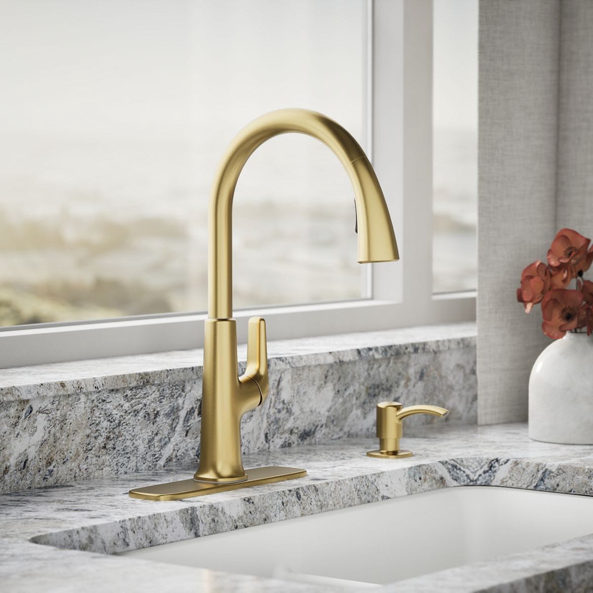 slide 2 of 6, KOHLER Volt Vibrant Brushed Moderne Brass Single Handle Deck-mount Pull-down Kitchen Faucet with Sprayer (Includes Deck Plate) (Includes Soap Dispenser), 1 ct