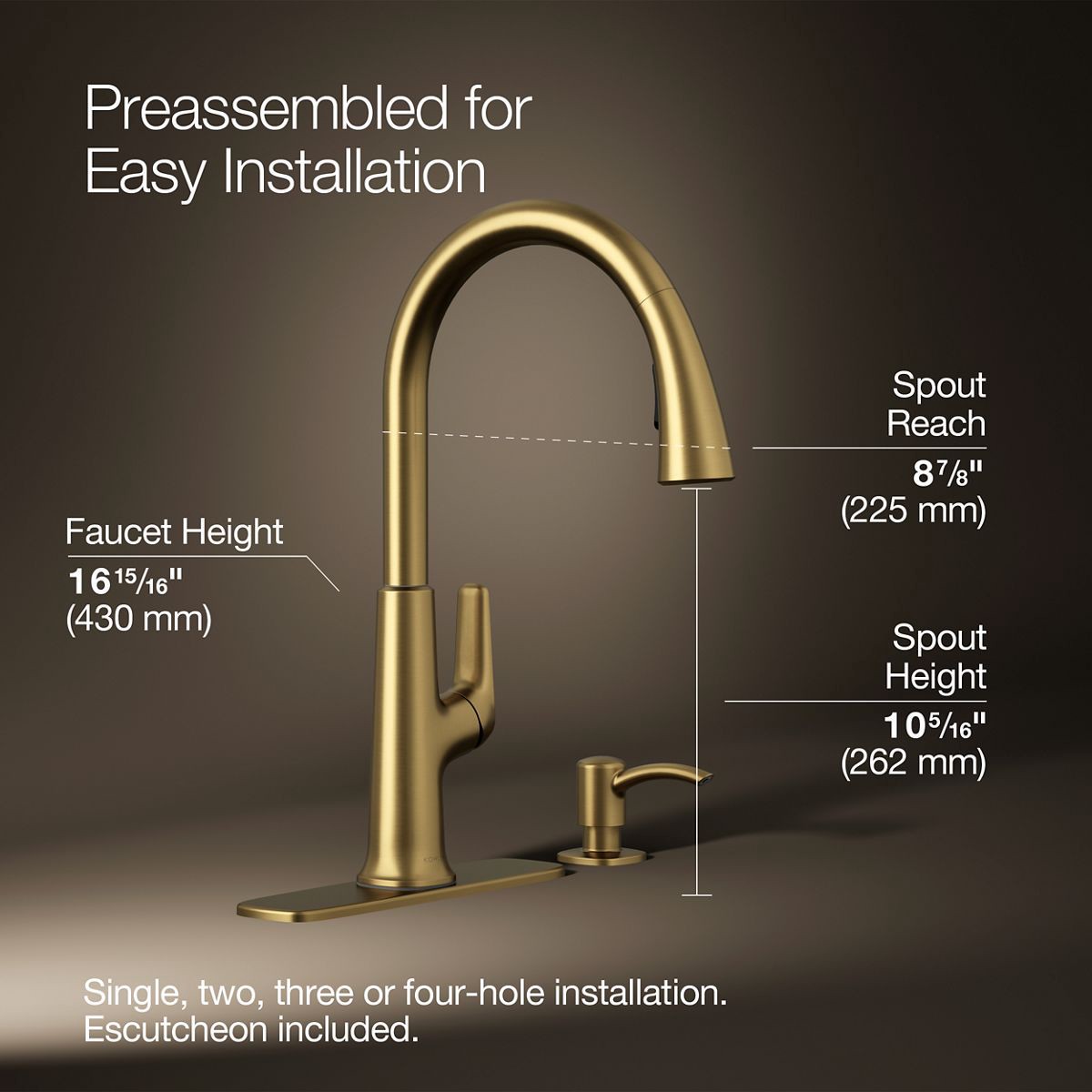 slide 3 of 6, KOHLER Volt Vibrant Brushed Moderne Brass Single Handle Deck-mount Pull-down Kitchen Faucet with Sprayer (Includes Deck Plate) (Includes Soap Dispenser), 1 ct