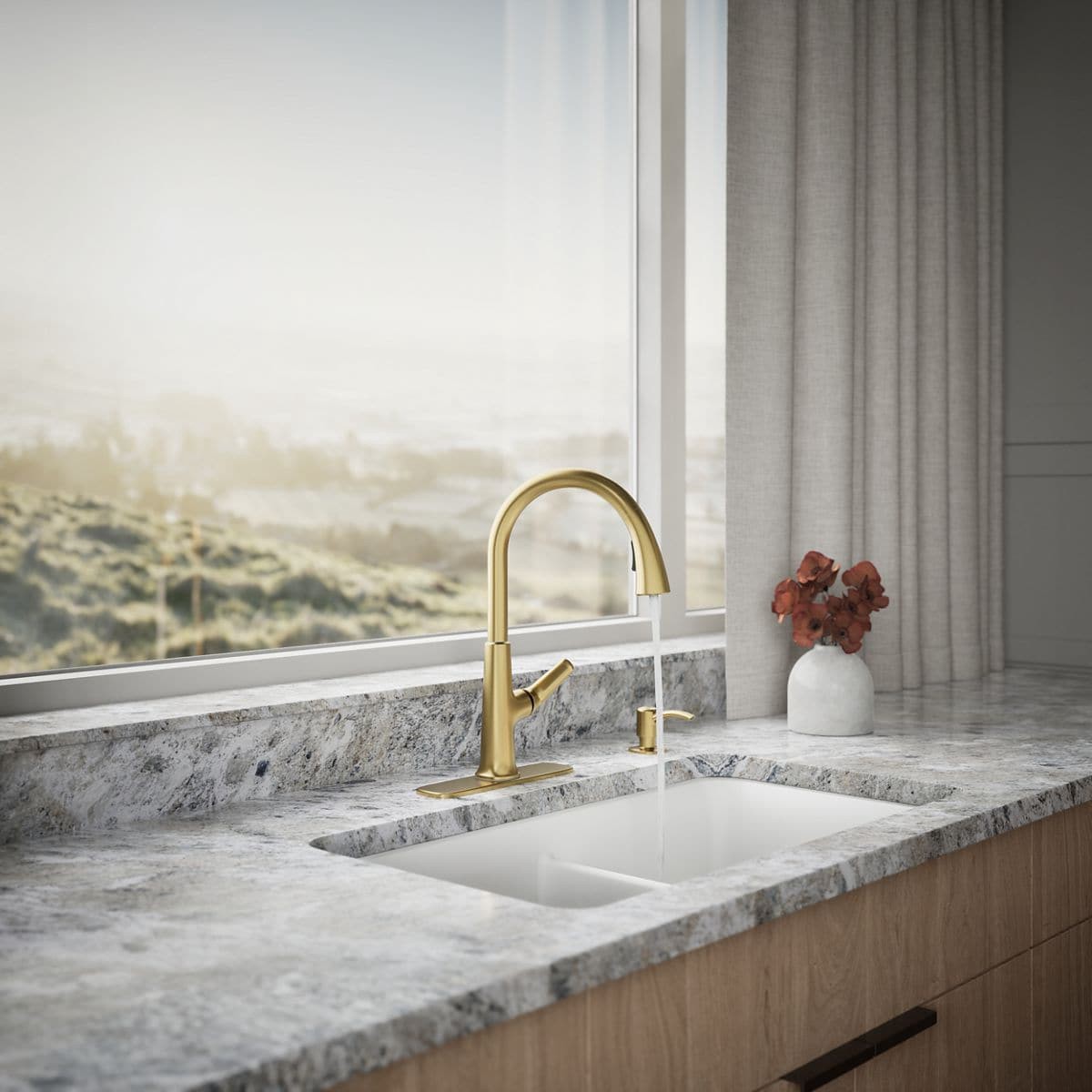 slide 4 of 6, KOHLER Volt Vibrant Brushed Moderne Brass Single Handle Deck-mount Pull-down Kitchen Faucet with Sprayer (Includes Deck Plate) (Includes Soap Dispenser), 1 ct