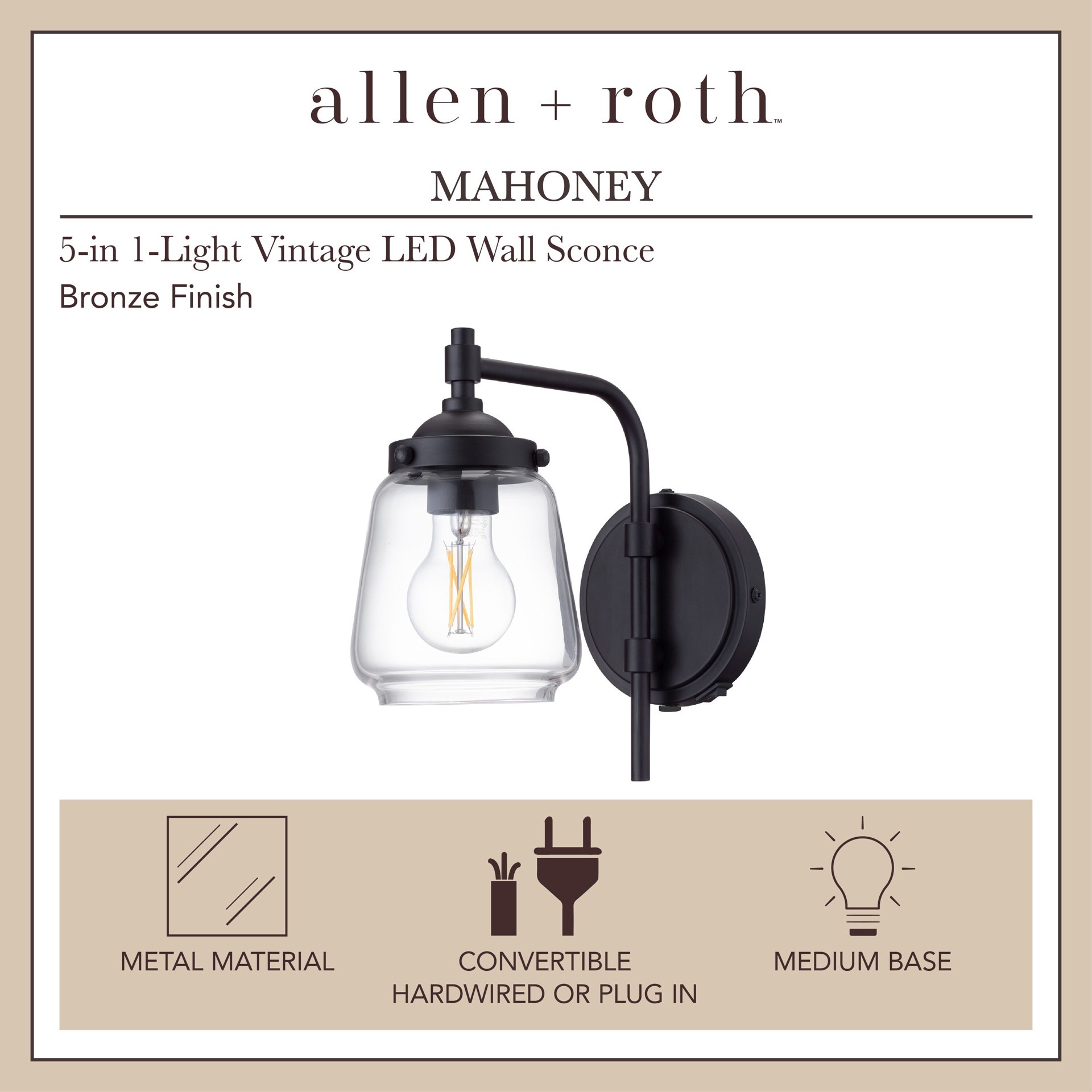 slide 2 of 6, allen + roth Mahoney 5-in W 1 -Light Satin Bronze Vintage Wall Sconce, 1 ct