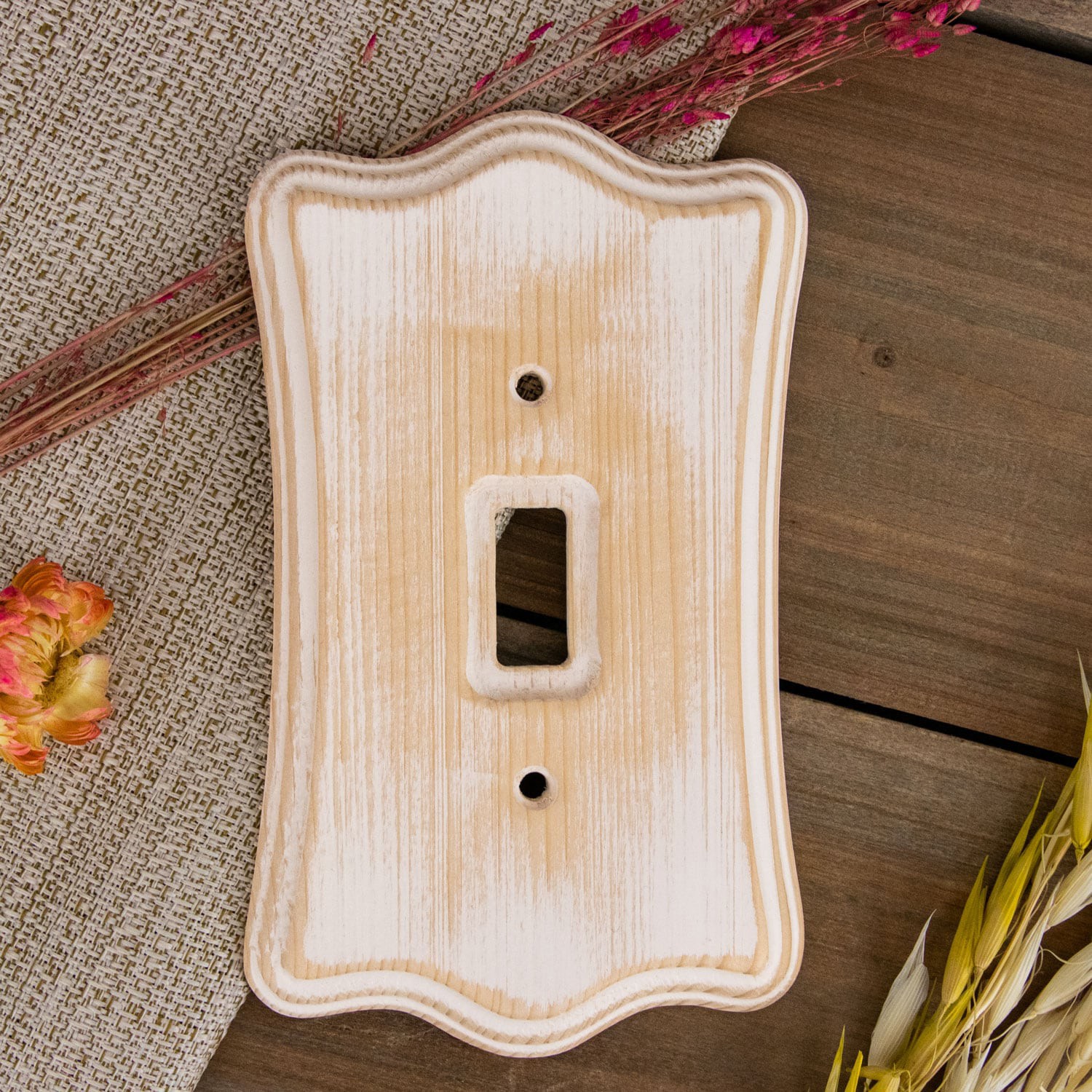 slide 3 of 4, allen + roth 1 -Gang Standard Size Distressed White Wood Indoor Toggle Wall Plate, 1 ct