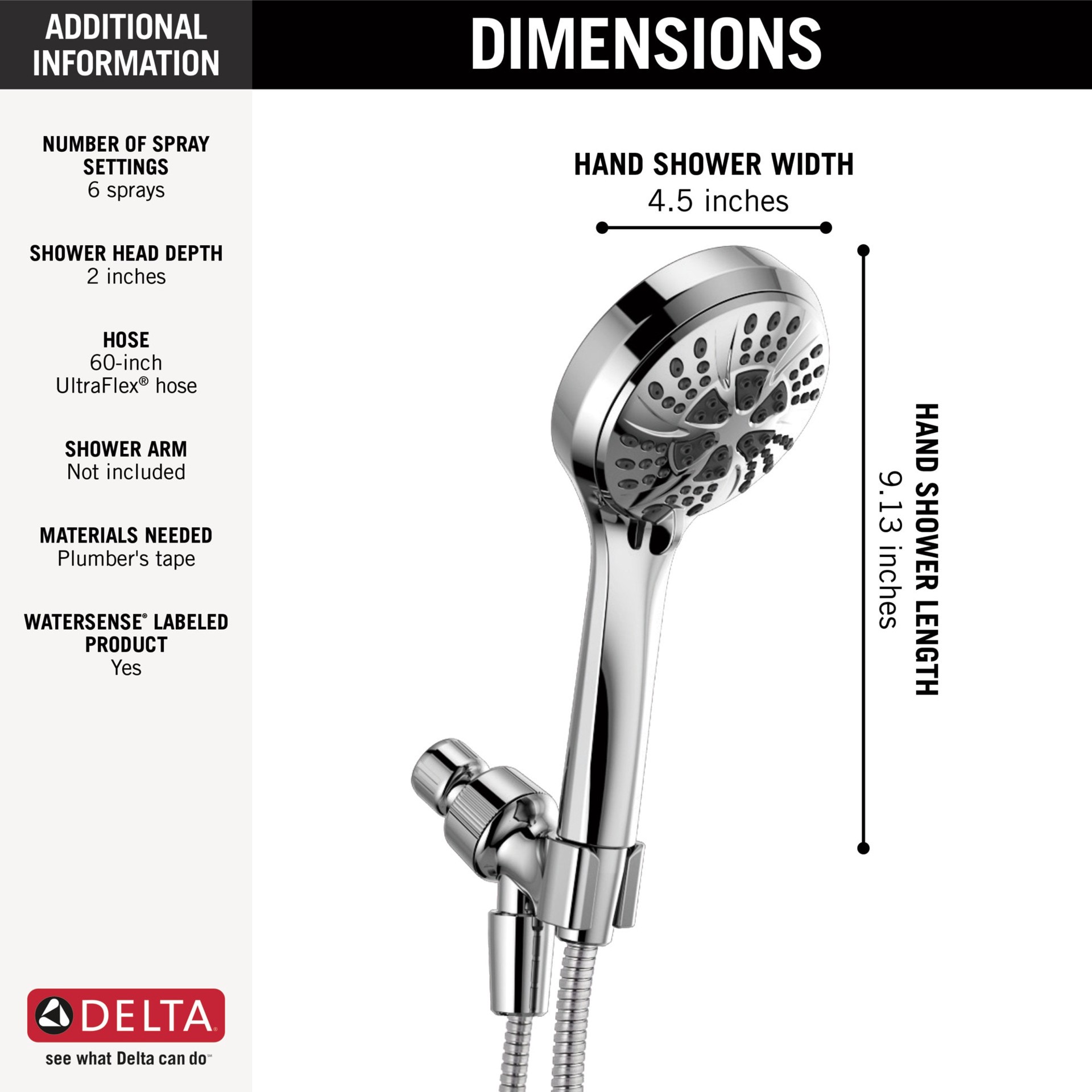 slide 3 of 6, Delta 6.0 -Spray Chrome 4.5-in Round High Pressure Handheld Shower Head 1.75 GPM, 1 ct