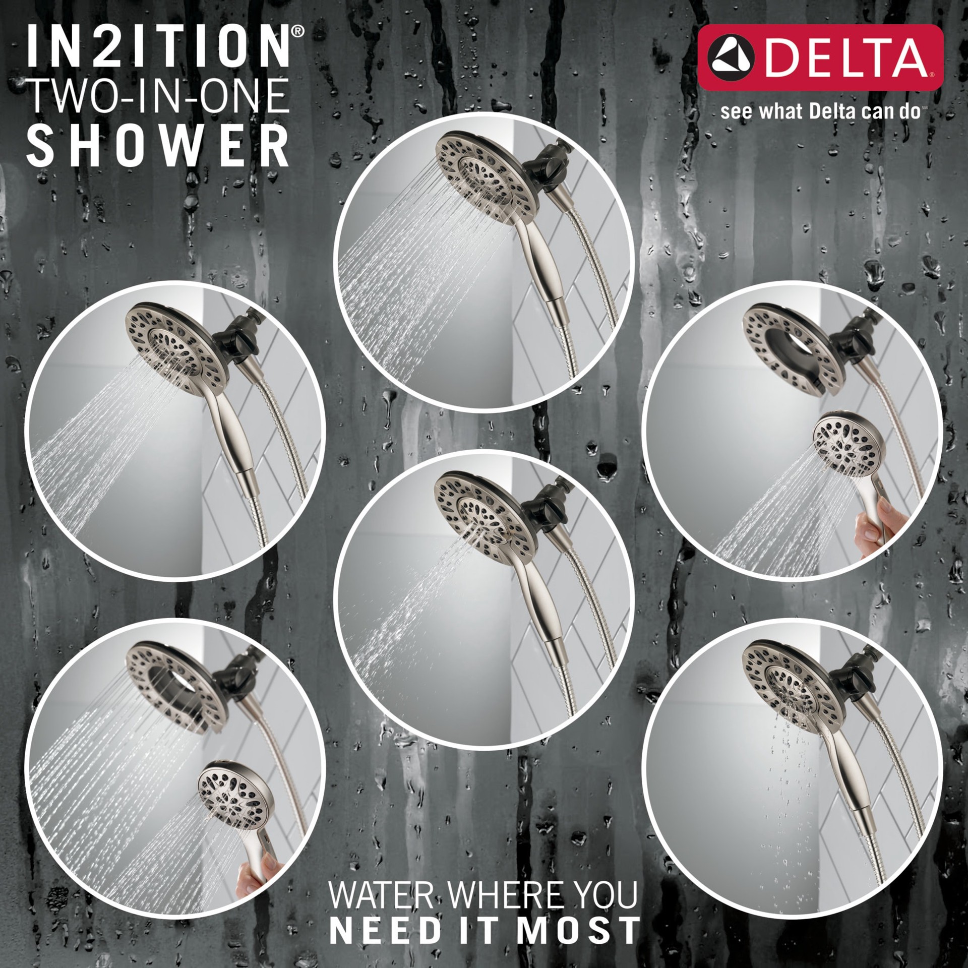slide 3 of 6, Delta In2ition 4.0 -Spray Satin Nickel 6-in Round High Pressure Shower Head with Handheld Combo 1.75 GPM, 1 ct