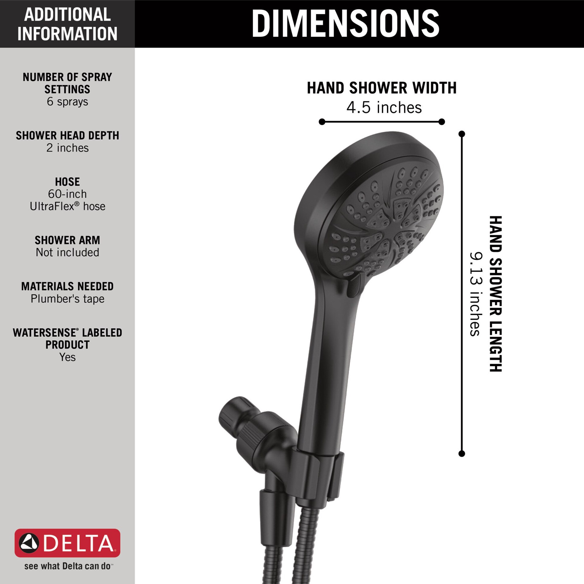 slide 3 of 6, Delta 6.0 -Spray Matte Black 4.5-in Round High Pressure Handheld Shower Head 1.75 GPM, 1 ct